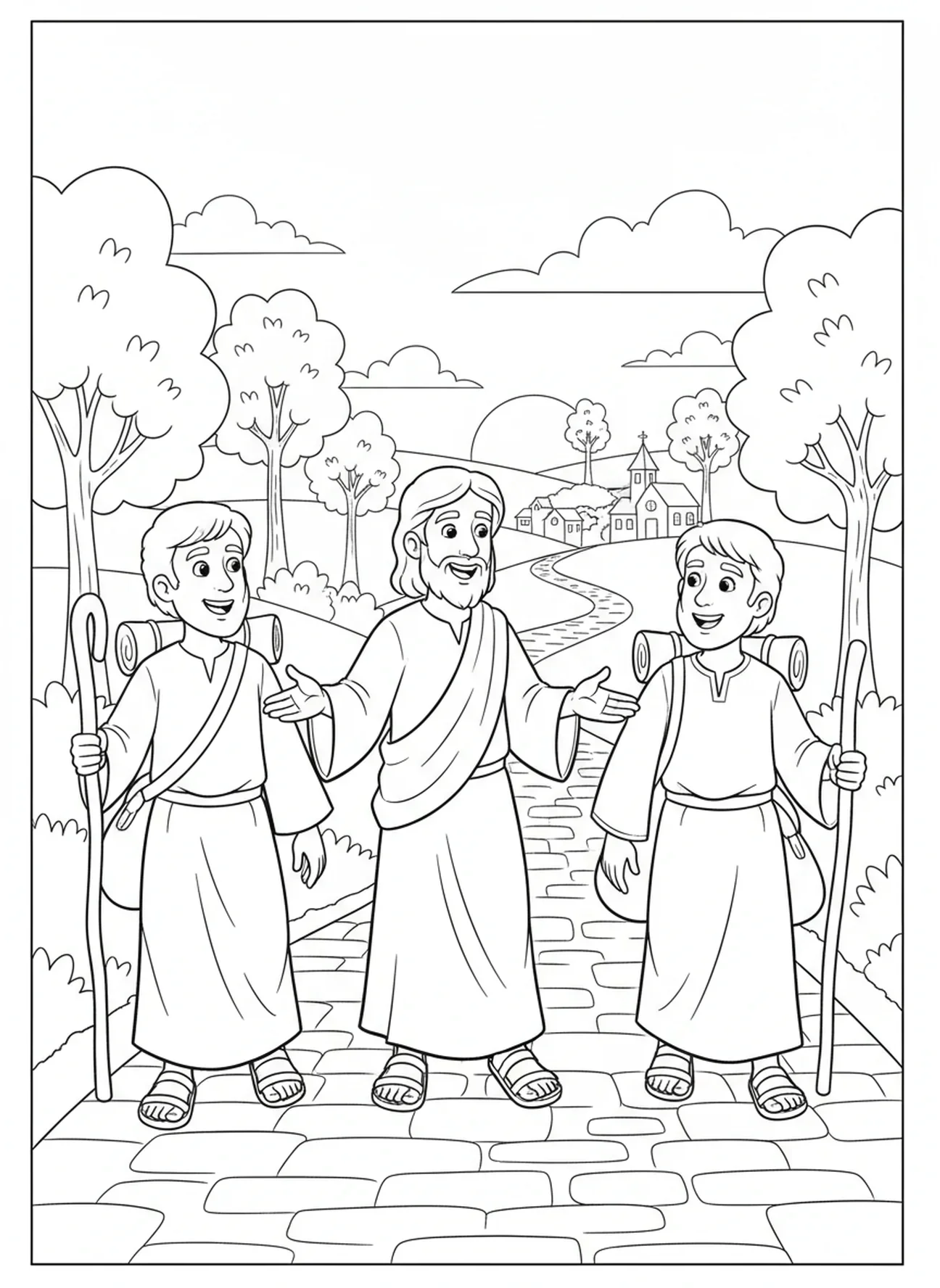 Jesus com dois discípulos, página de colorir sobre o Caminho de Emaús para crianças de 5 a 10 anos