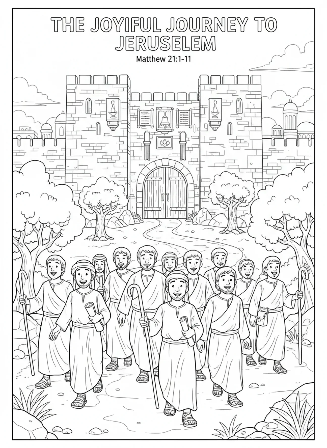 Les disciples arrivant à la porte de la ville de Jérusalem, page à colorier sur le chemin d'Emmaüs pour les enfants de l'École du dimanche âgés de 5 à 12 ans.