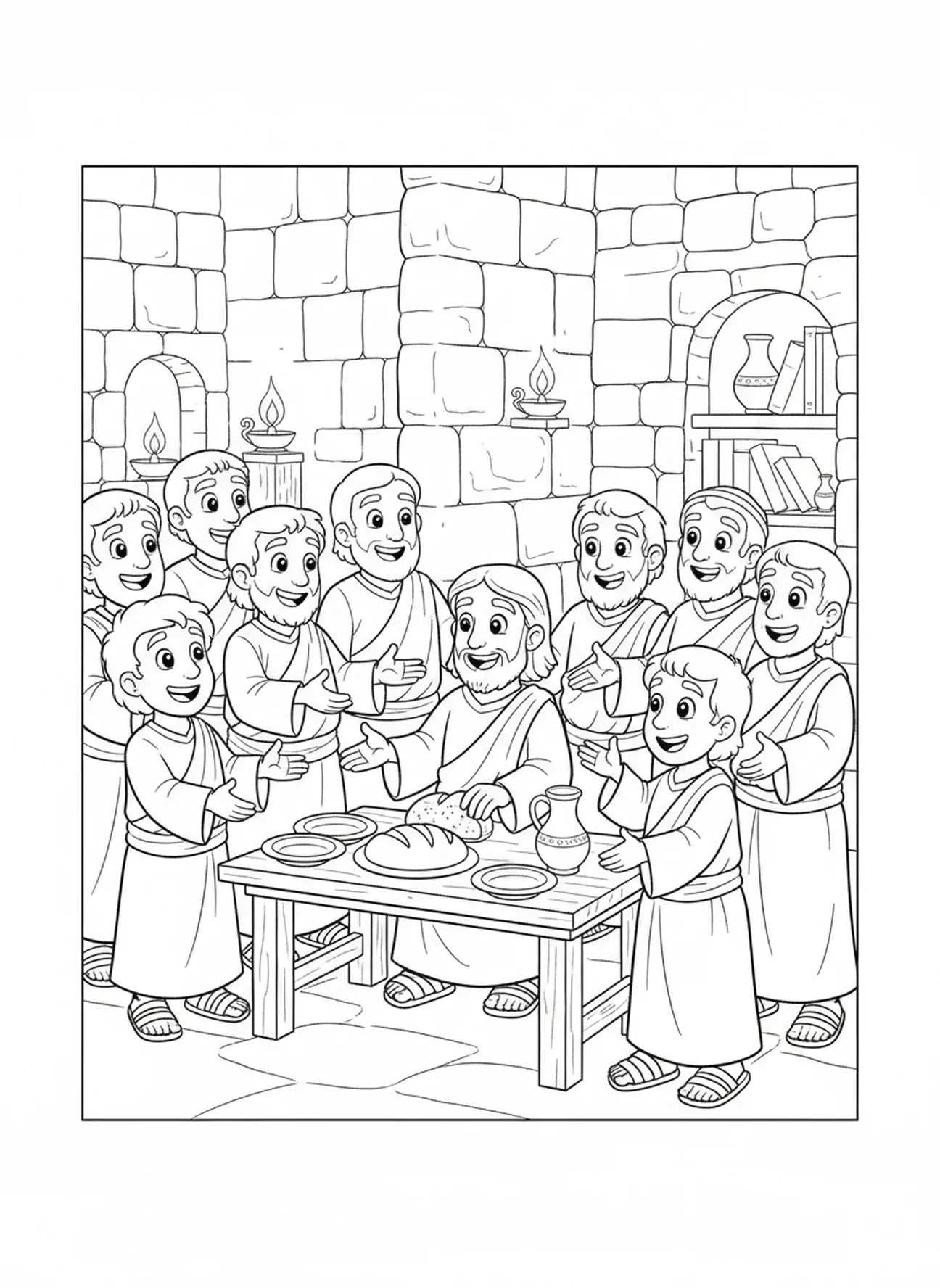 Disciples exprimant de la joie en reconnaissant Jésus, page à colorier sur le chemin d'Emmaüs pour les enfants de l'école du dimanche âgés de 5 à 12 ans.
