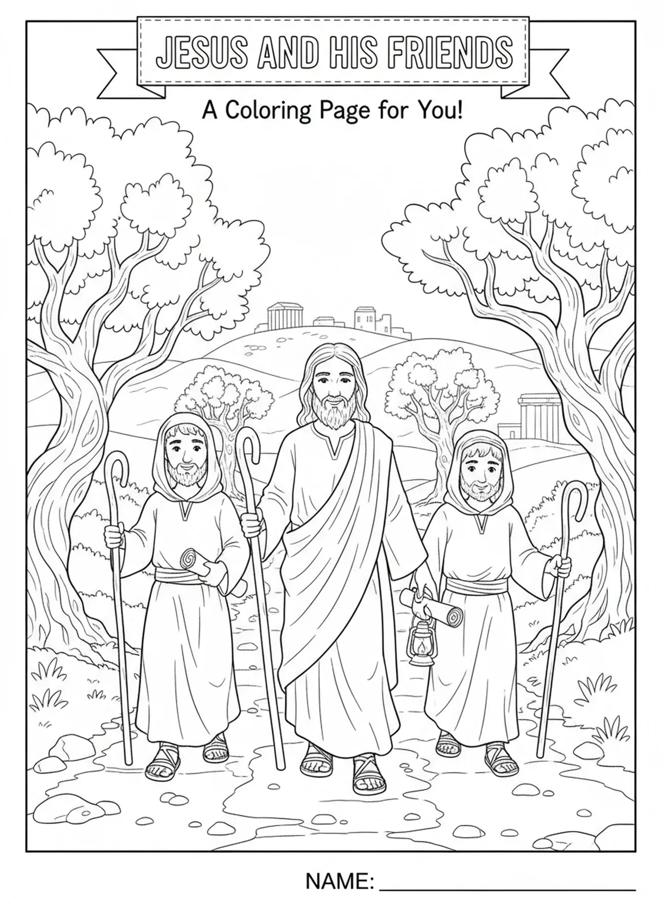 Trois personnages marchant le long d'un chemin, page à colorier sur le chemin d'Emmaüs pour les enfants de l'École du dimanche âgés de 5 à 12 ans.