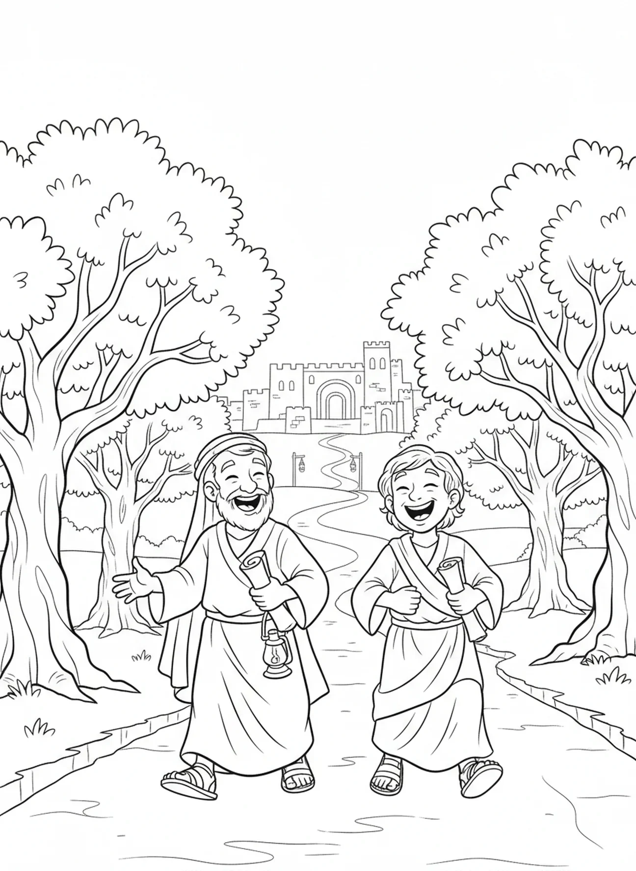 Deux disciples rentrant à Jérusalem avec joie, page à colorier sur le chemin d'Emmaüs pour les enfants de l'École du dimanche âgés de 5 à 12 ans.