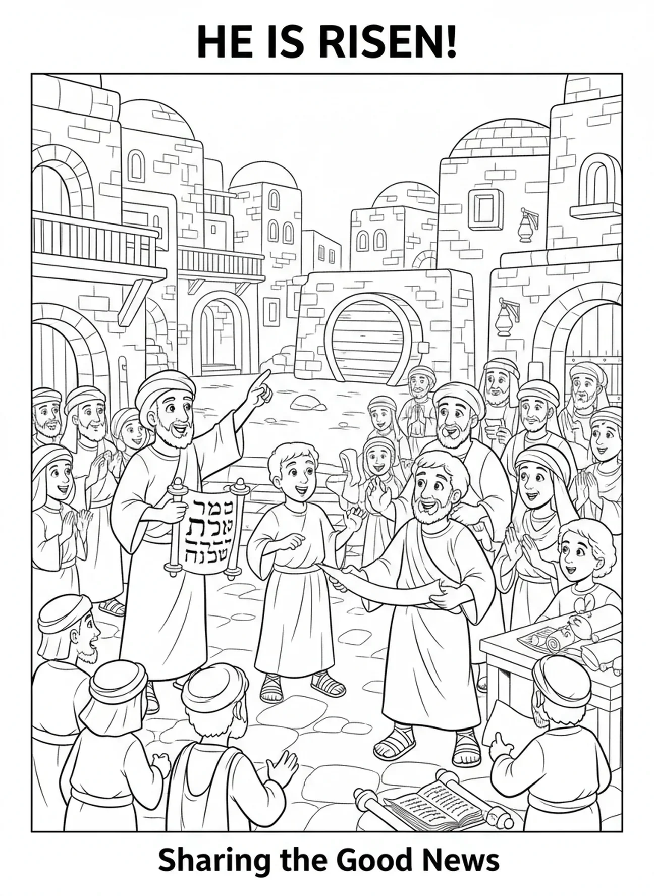 Les disciples partageant la bonne nouvelle à Jérusalem, page à colorier du chemin d'Emmaüs pour les enfants de l'École du dimanche âgés de 5 à 12 ans.