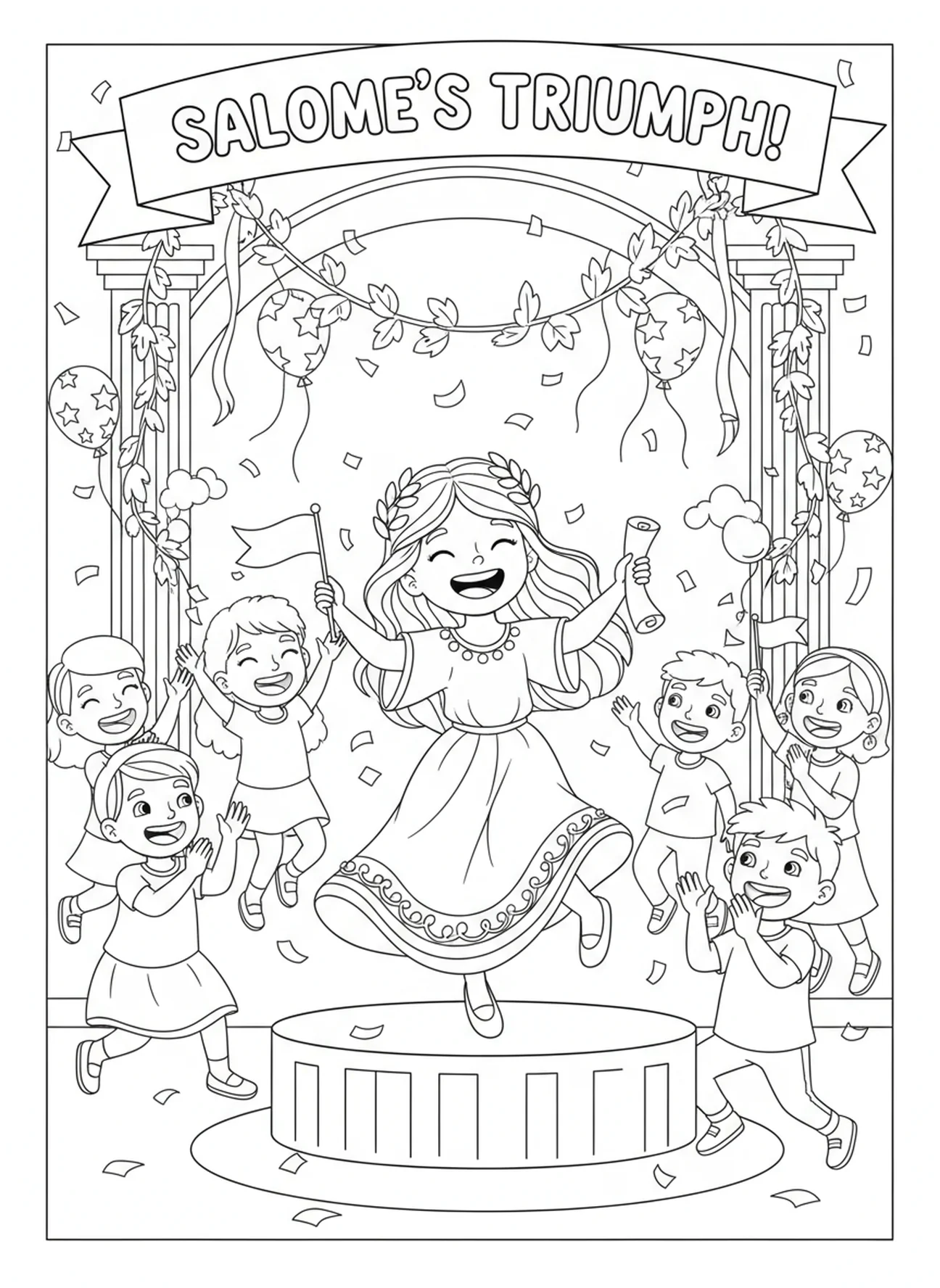 Salome feiert mit Gästen, Ausmalbild von Salome für Kinder im Alter von 5-10 Jahren