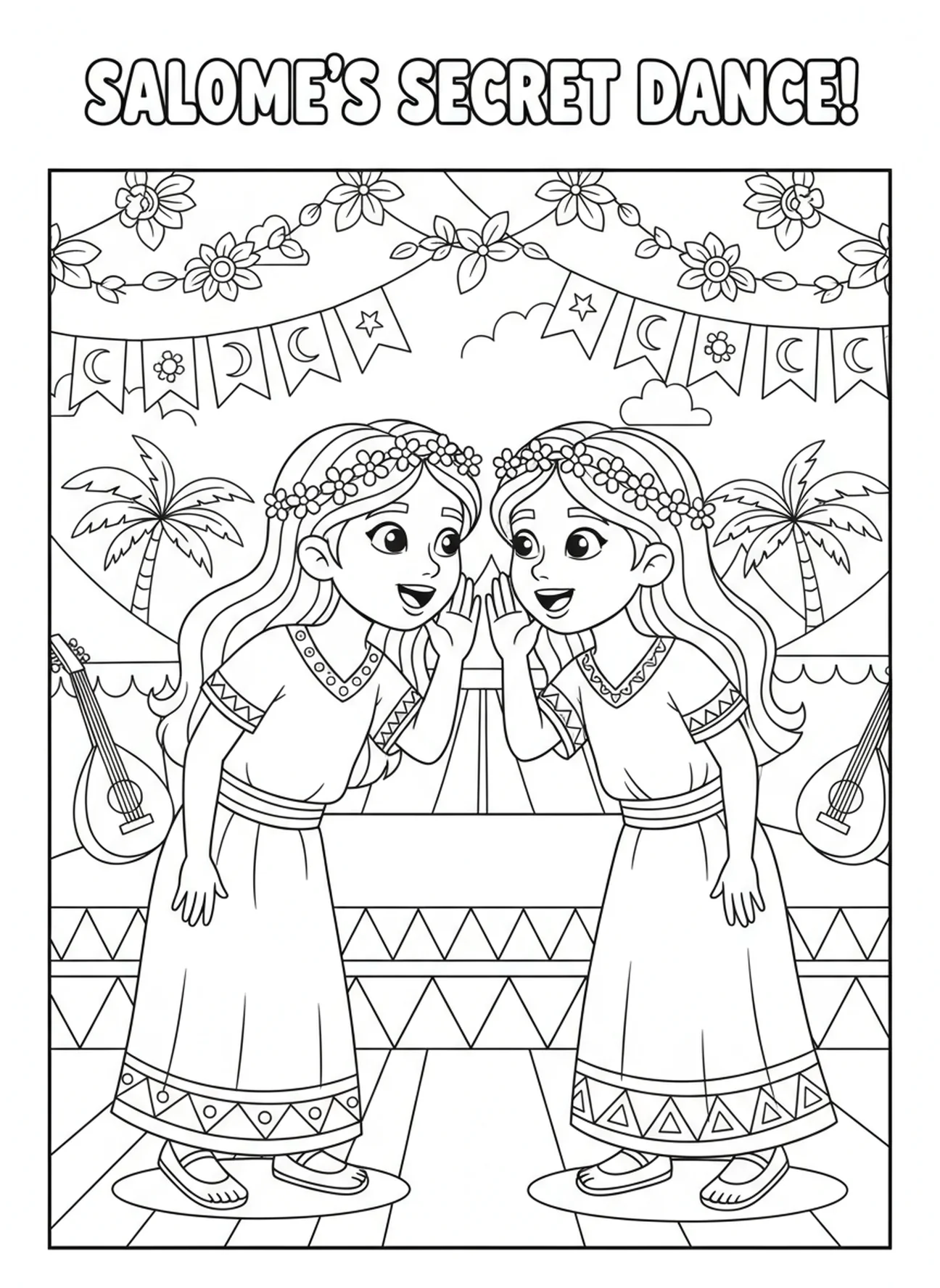Salome und ihre Schwester flüstern, Ausmalbild von Salome für Kinder im Alter von 5-10 Jahren