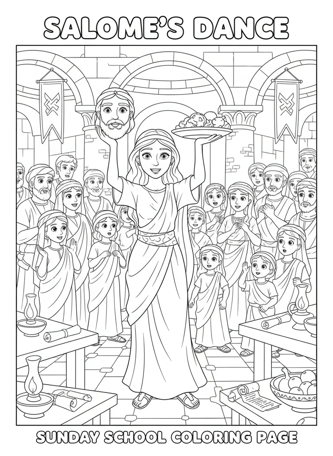 Salome mit Tablett, Ausmalbild von Salome für Kinder in der Sonntagsschule im Alter von 5-12 Jahren