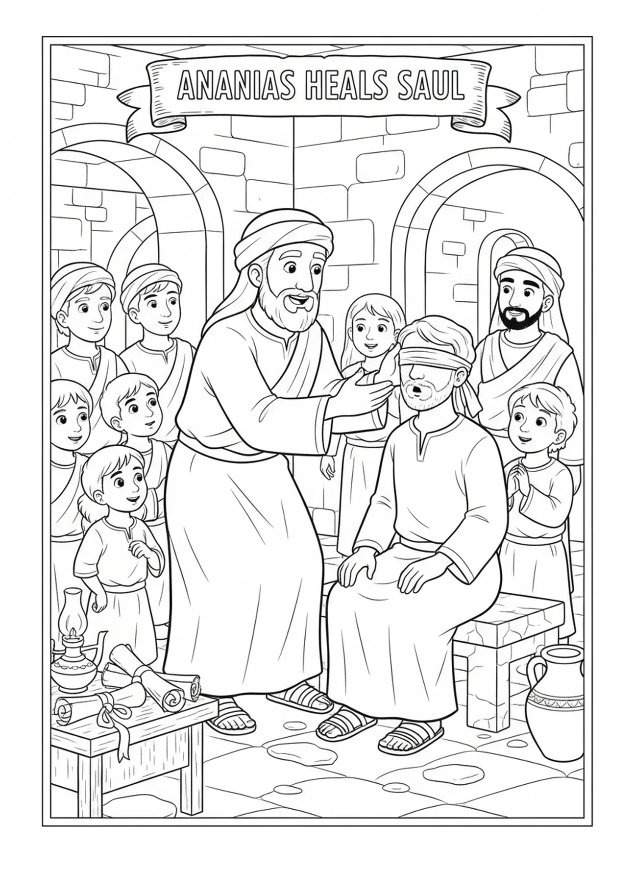 Ananias heilt Saul, Ausmalbild zur Bekehrung Sauls für Sonntagsschulkinder im Alter von 5-12 Jahren.