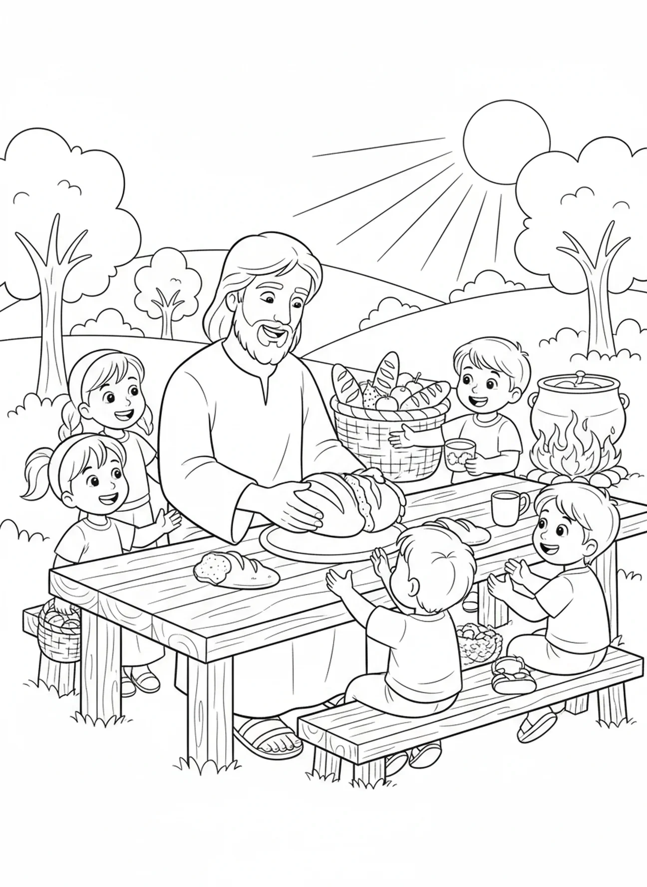 Jésus partageant du pain, bannière de la Sermon sur la Montagne des Béatitudes à colorier pour les enfants de 5 à 10 ans