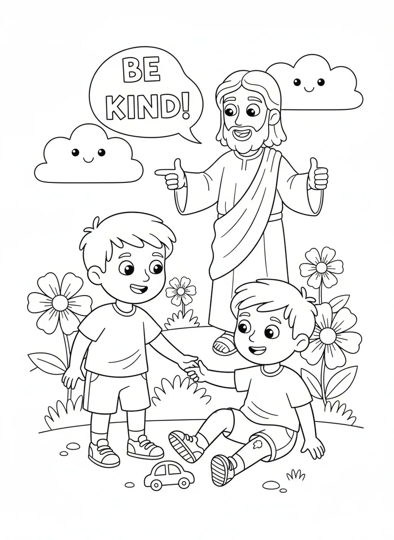 Enfant aidant un autre, bannière des Béatitudes du Sermon sur la Montagne à colorier pour les enfants de 5 à 10 ans
