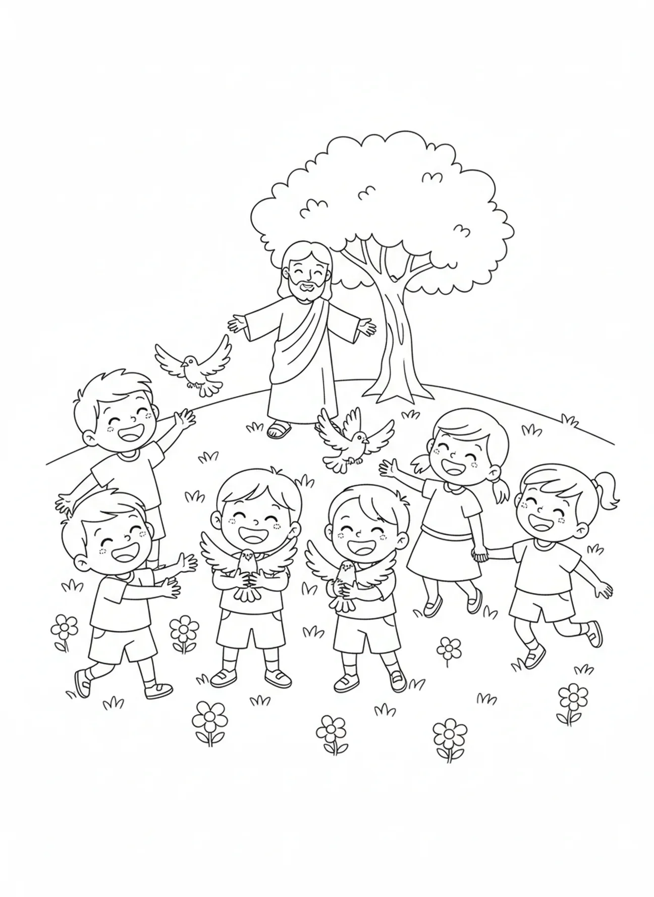 Enfants avec des colombes, bannière des Béatitudes du Sermon sur la Montagne à colorier pour les enfants de 5 à 10 ans