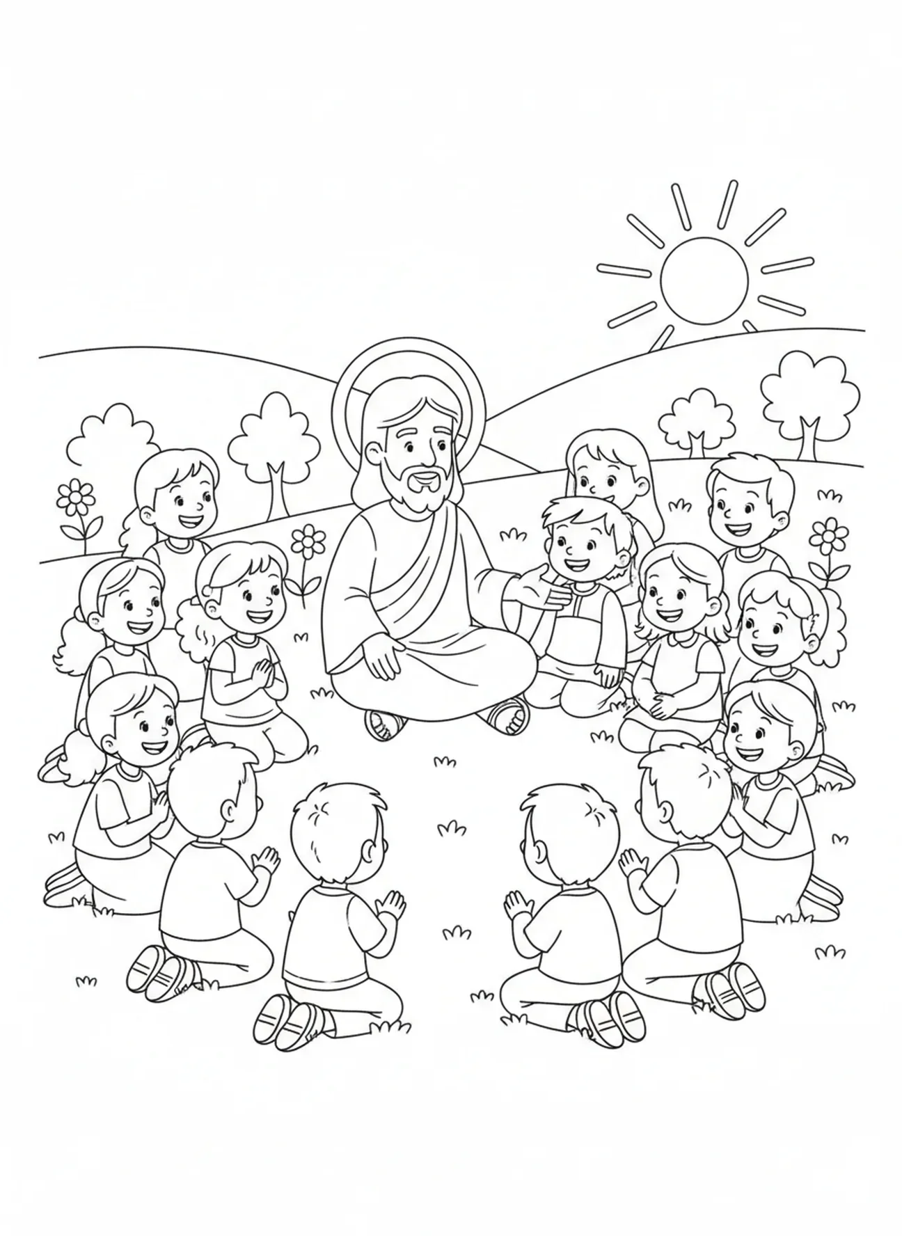 Jésus entouré d'enfants, page à colorier sur le Sermon sur la Montagne et les Béatitudes pour les enfants de 5 à 10 ans