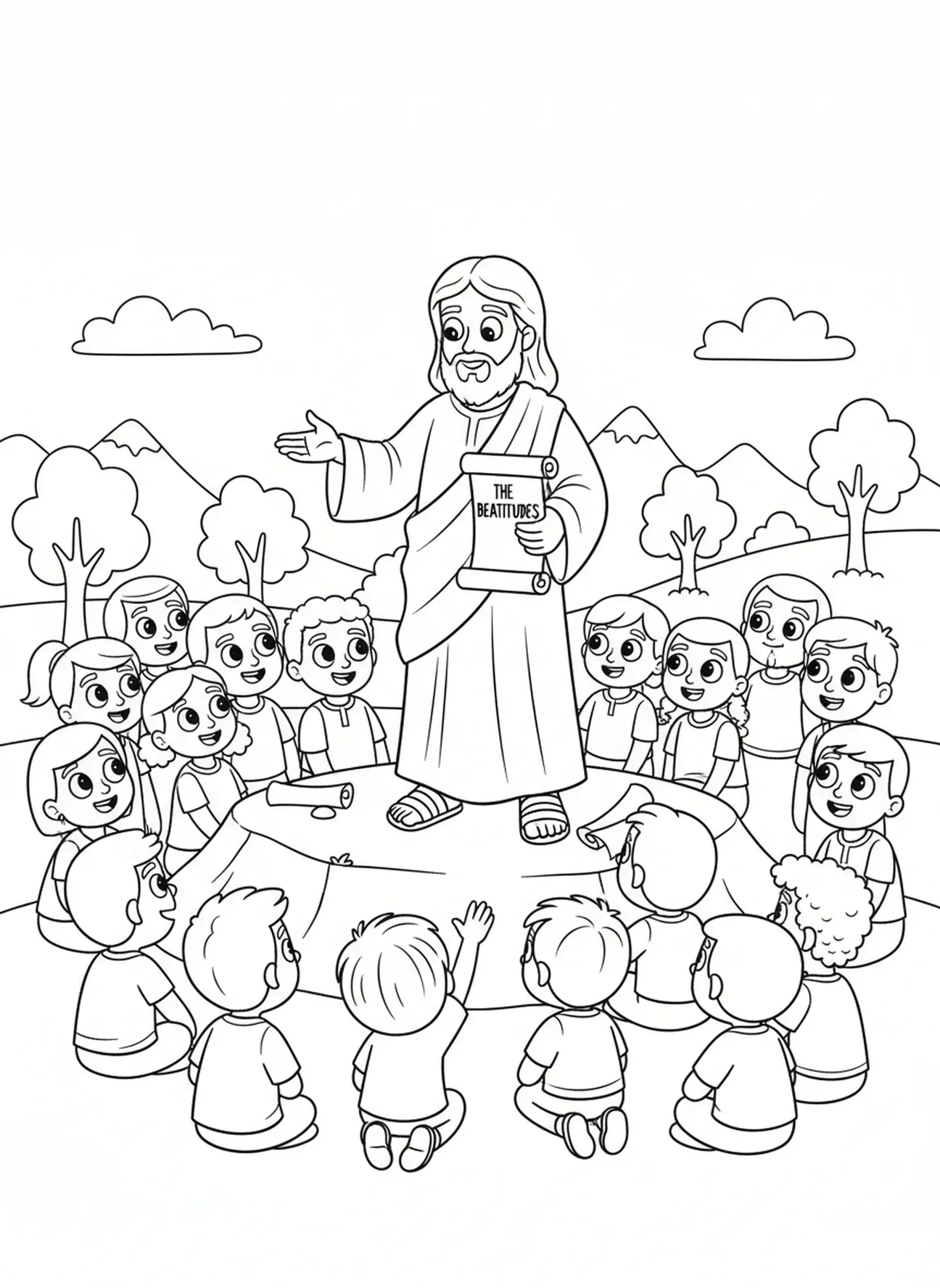 Jésus enseignant les Béatitudes, page à colorier sur le Sermon sur la Montagne pour les enfants de 5 à 10 ans