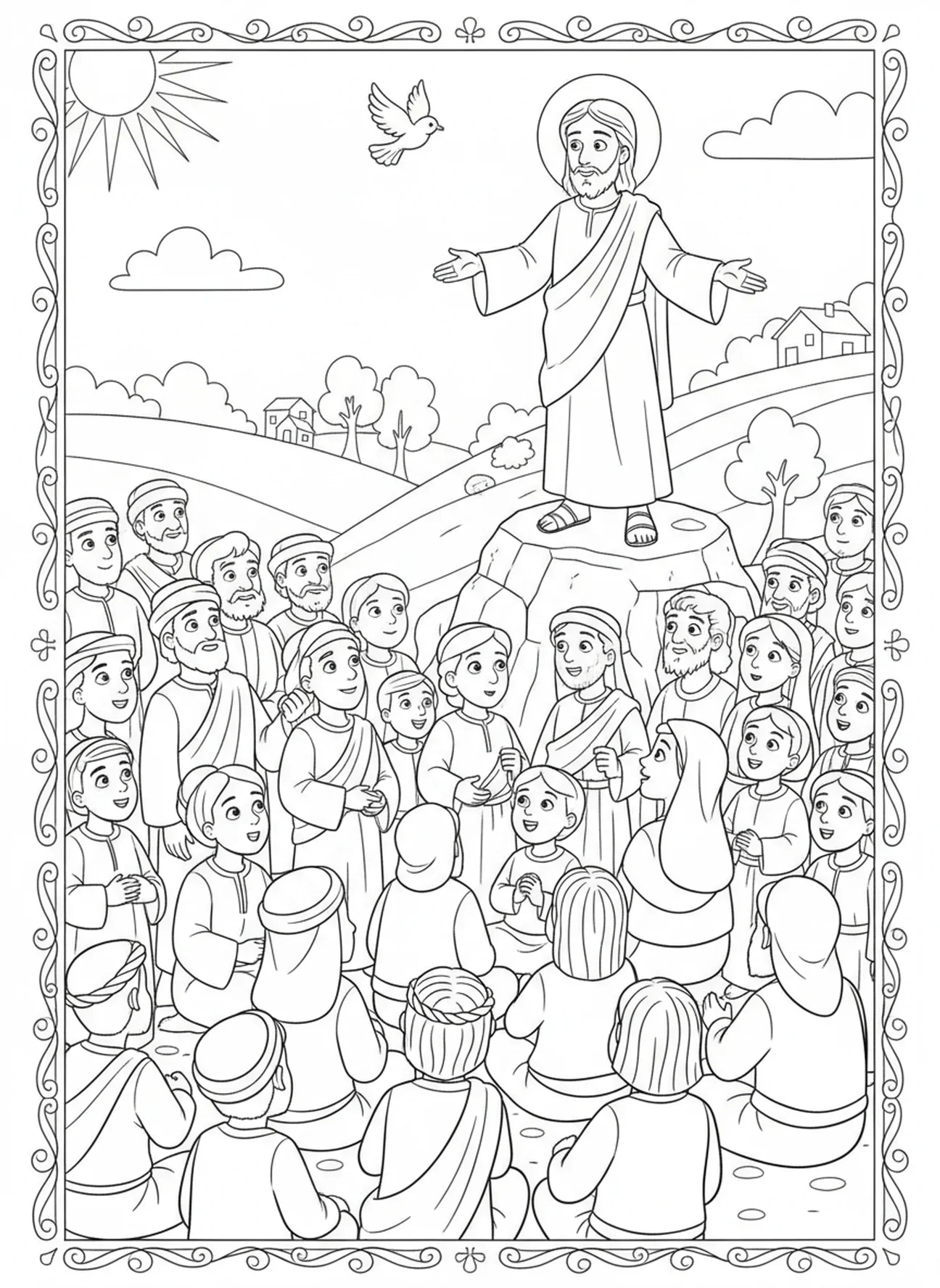 Aufmerksame Menge hört Jesus zu, Farbseite für Kinder im Alter von 5-10 Jahren über die Bergpredigt und Jesu Segen für die Menschen.