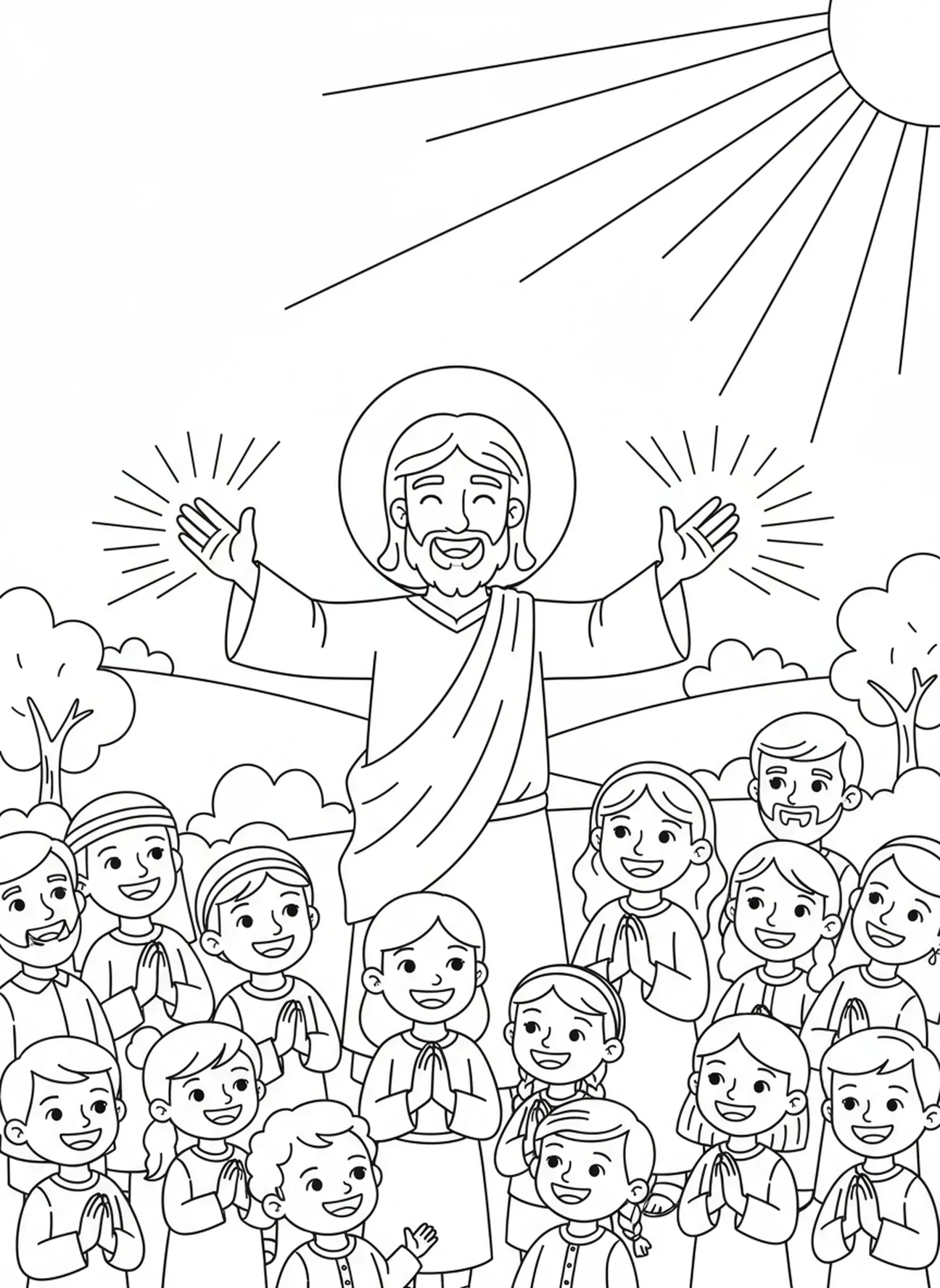 Jesus segnet die Menge, Ausmalbild zur Bergpredigt für Kinder im Alter von 5-10 Jahren