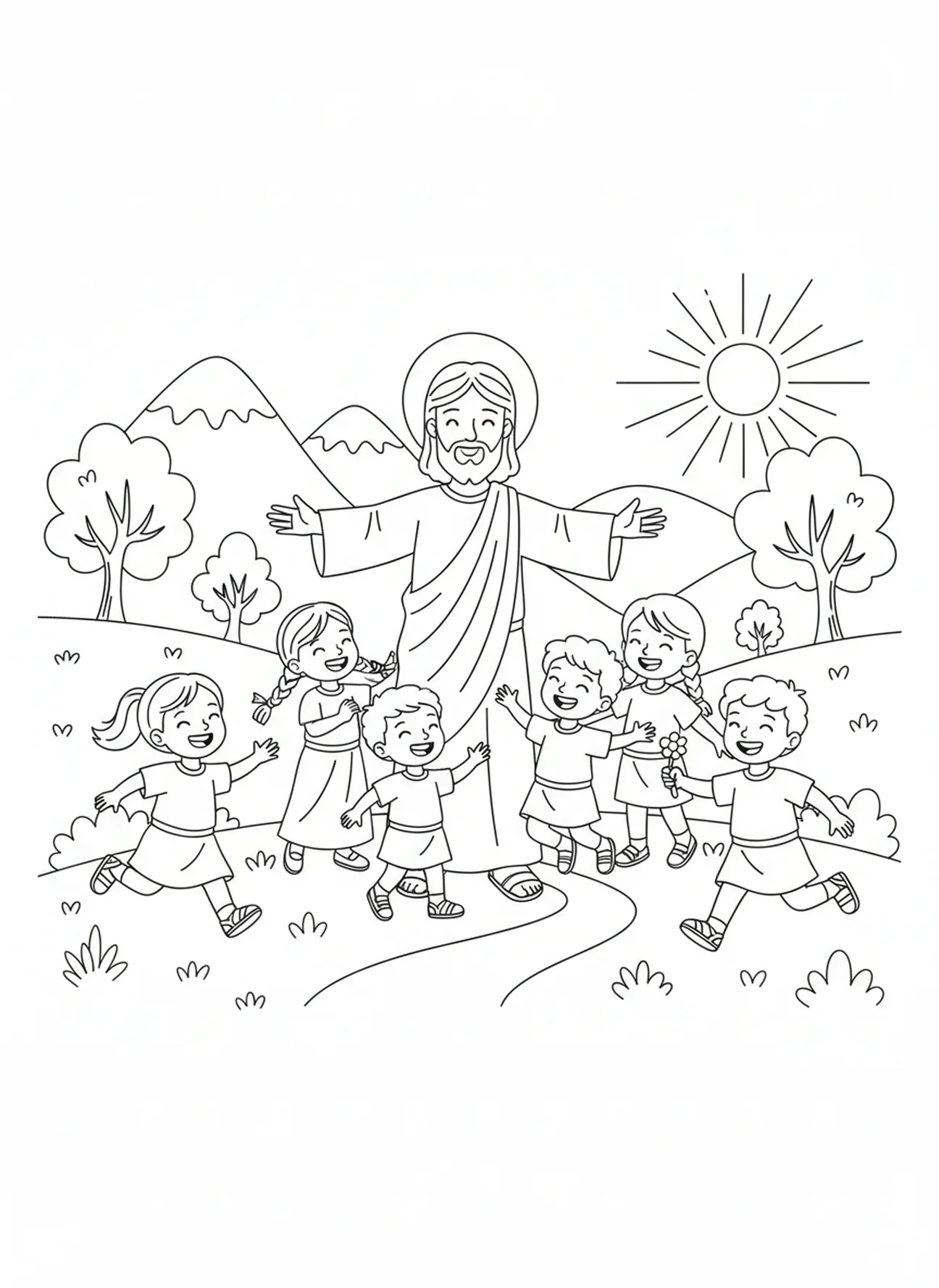 Jesus segnet fröhliche Kinder, Farbseite zur Bergpredigt Jesus segnet die Menge für Kinder im Alter von 5-10 Jahren