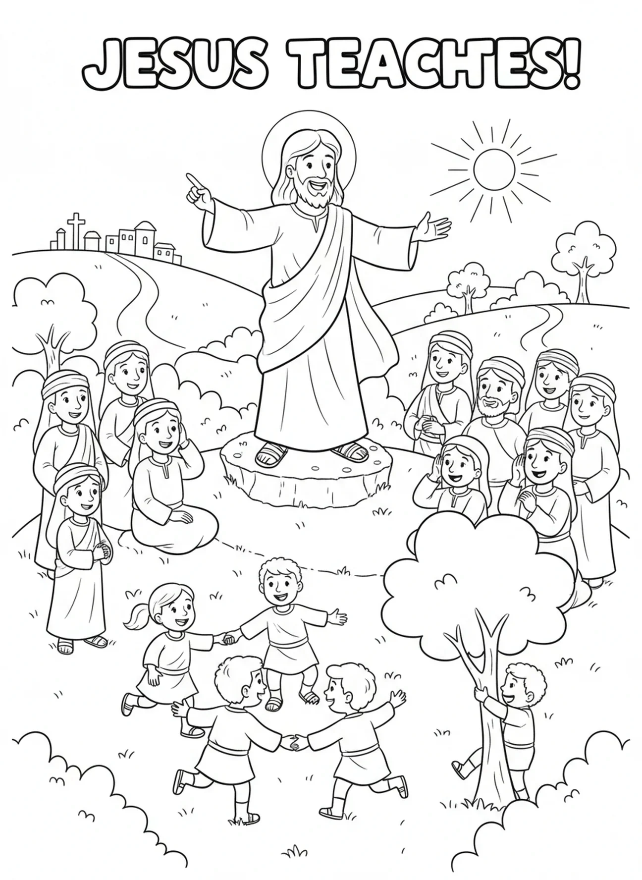 Jesus gestikuliert beim Sprechen, Farbseite zur Bergpredigt mit Jesus, der die Menge segnet, für Kinder im Alter von 5-10 Jahren