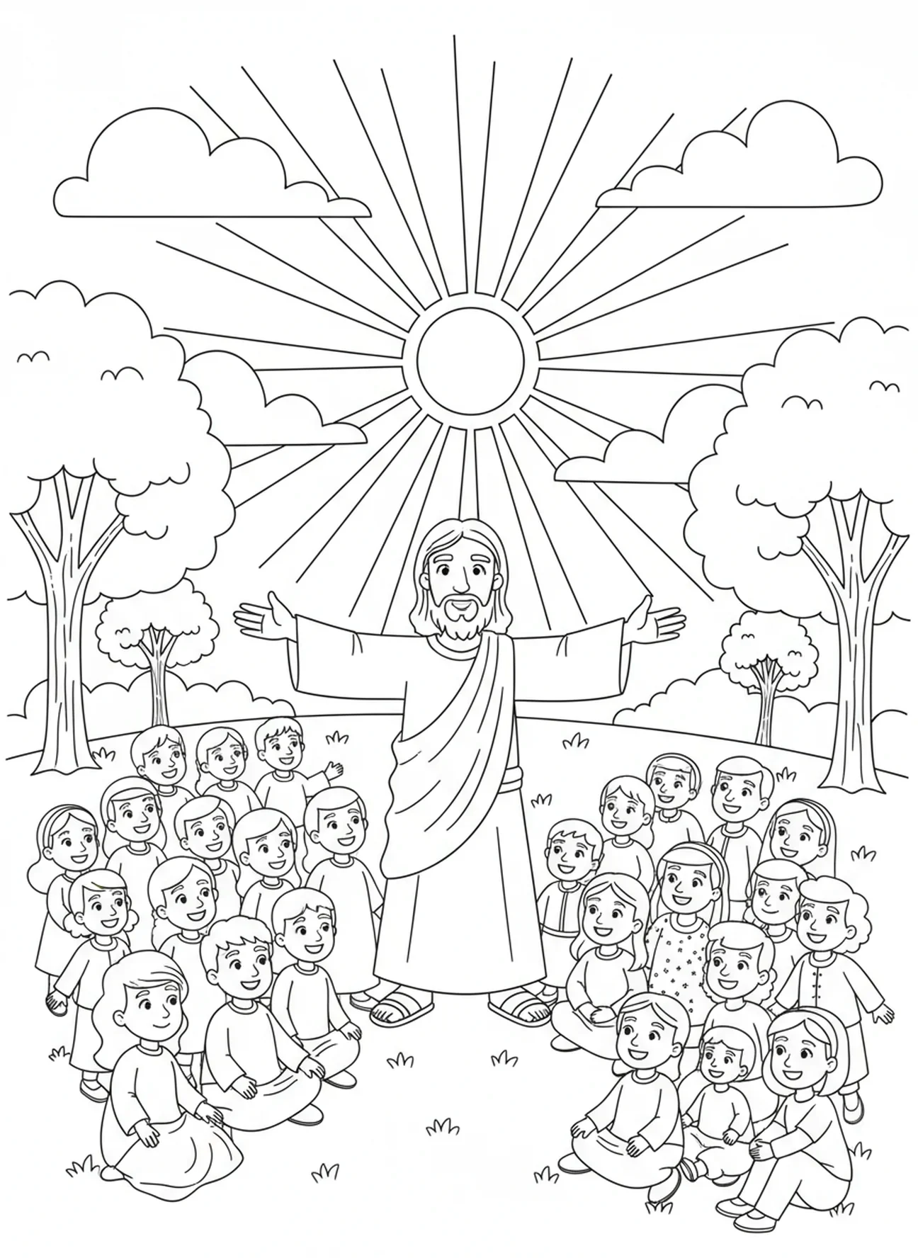 Jesus predigt unter der Sonne, Bergpredigt Jesus segnet die Menge Ausmalbild für Kinder im Alter von 5-10 Jahren
