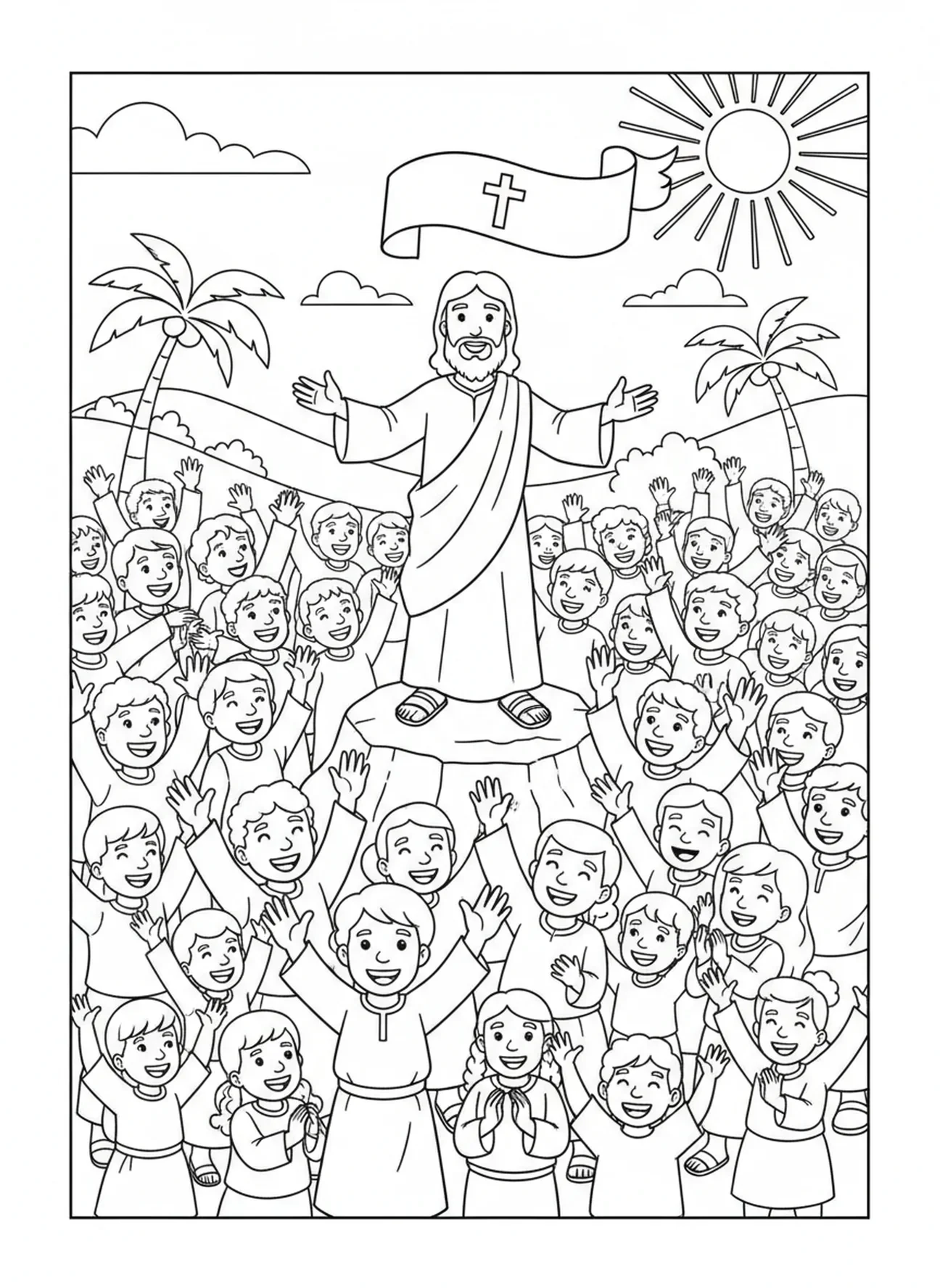 Multidão animada, Sermão da Montanha Jesus ensinando a multidão na colina página de colorir para crianças de 5 a 10 anos.