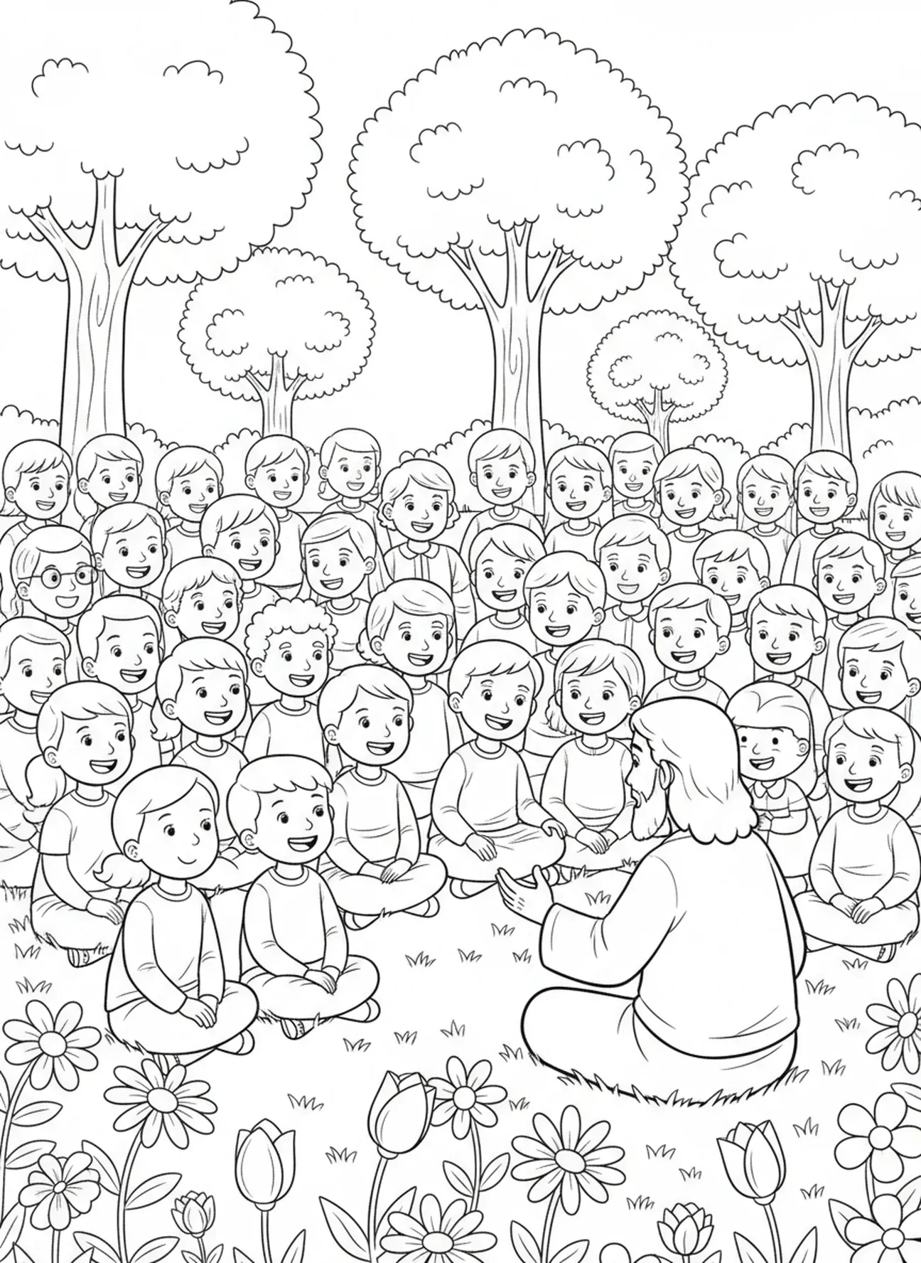 Multidão feliz ouvindo, Sermão da Montanha Jesus ensinando a multidão na colina página para colorir para crianças de 5 a 10 anos.