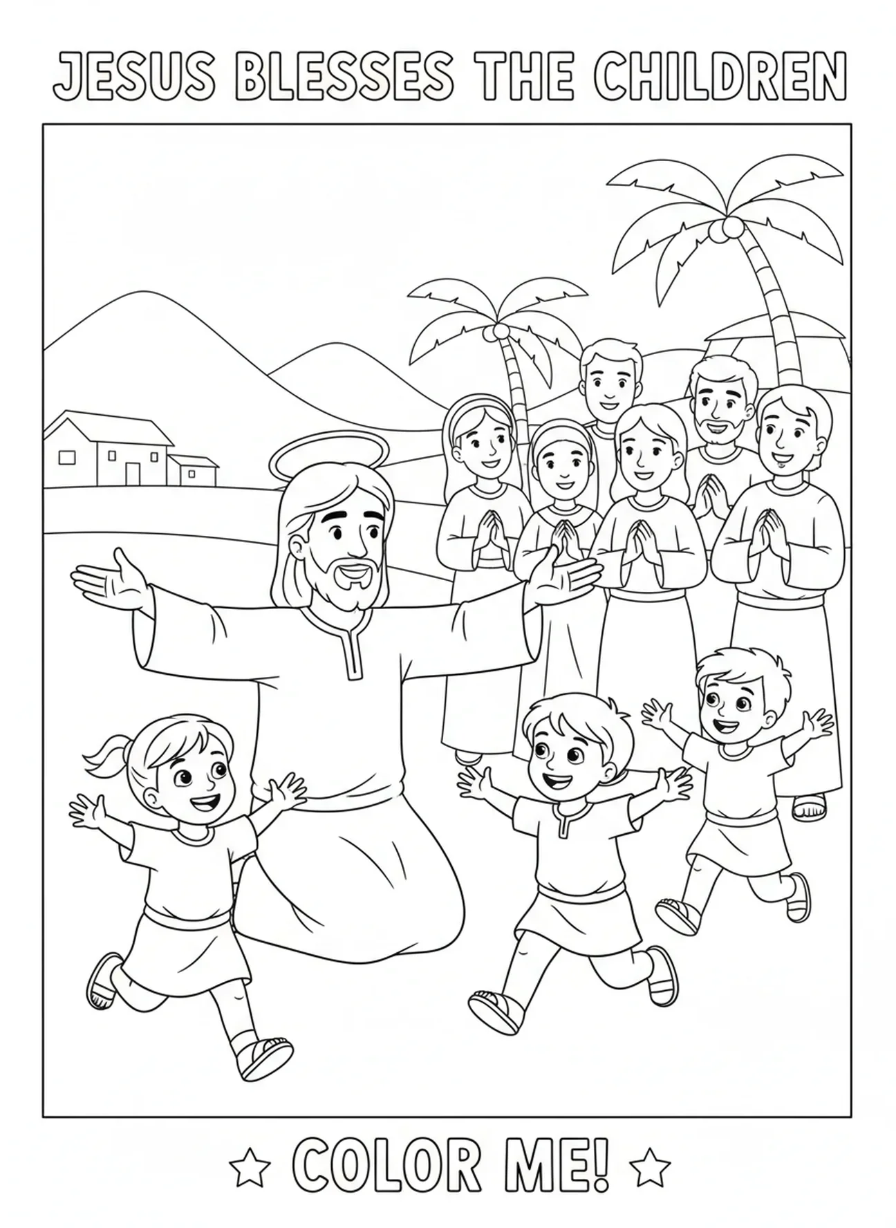 Jesus abençoando crianças, Sermão da Montanha Jesus ensinando a multidão na coloração para crianças de 5 a 10 anos.