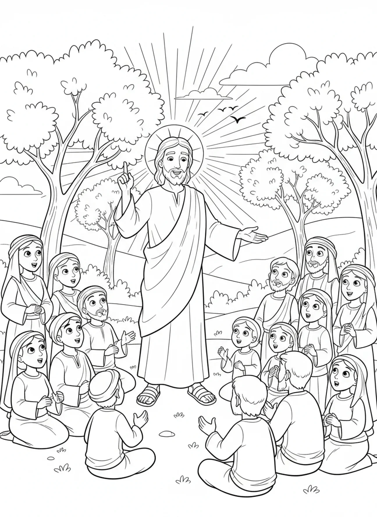 Jesus apontando para os ensinamentos, Sermão da Montanha Jesus Ensinando a Multidão na Colina página para colorir para crianças de 5 a 10 anos.