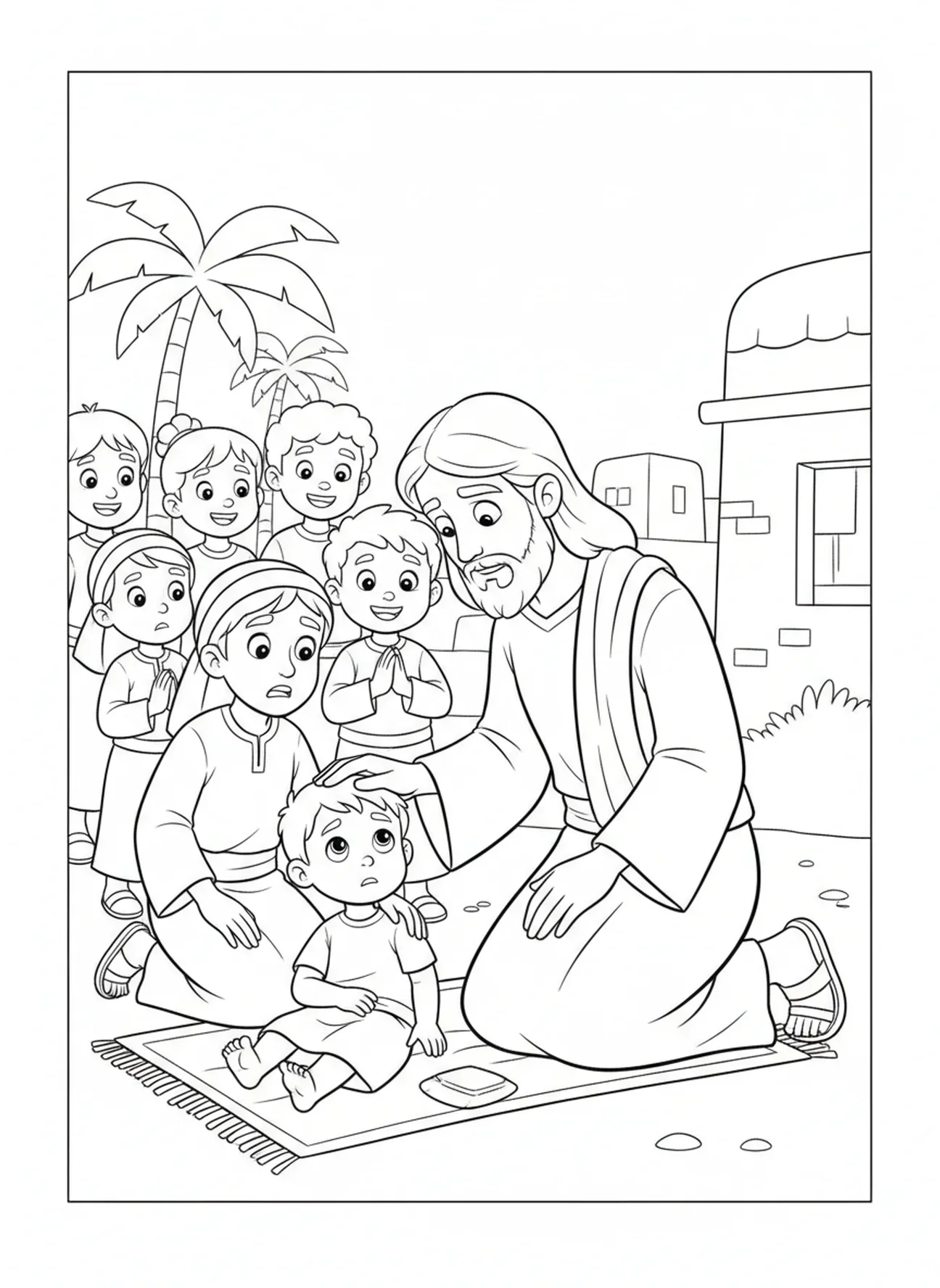 Jesus curando a criança doente, página de colorir do Sermão da Montanha para crianças de 5 a 10 anos