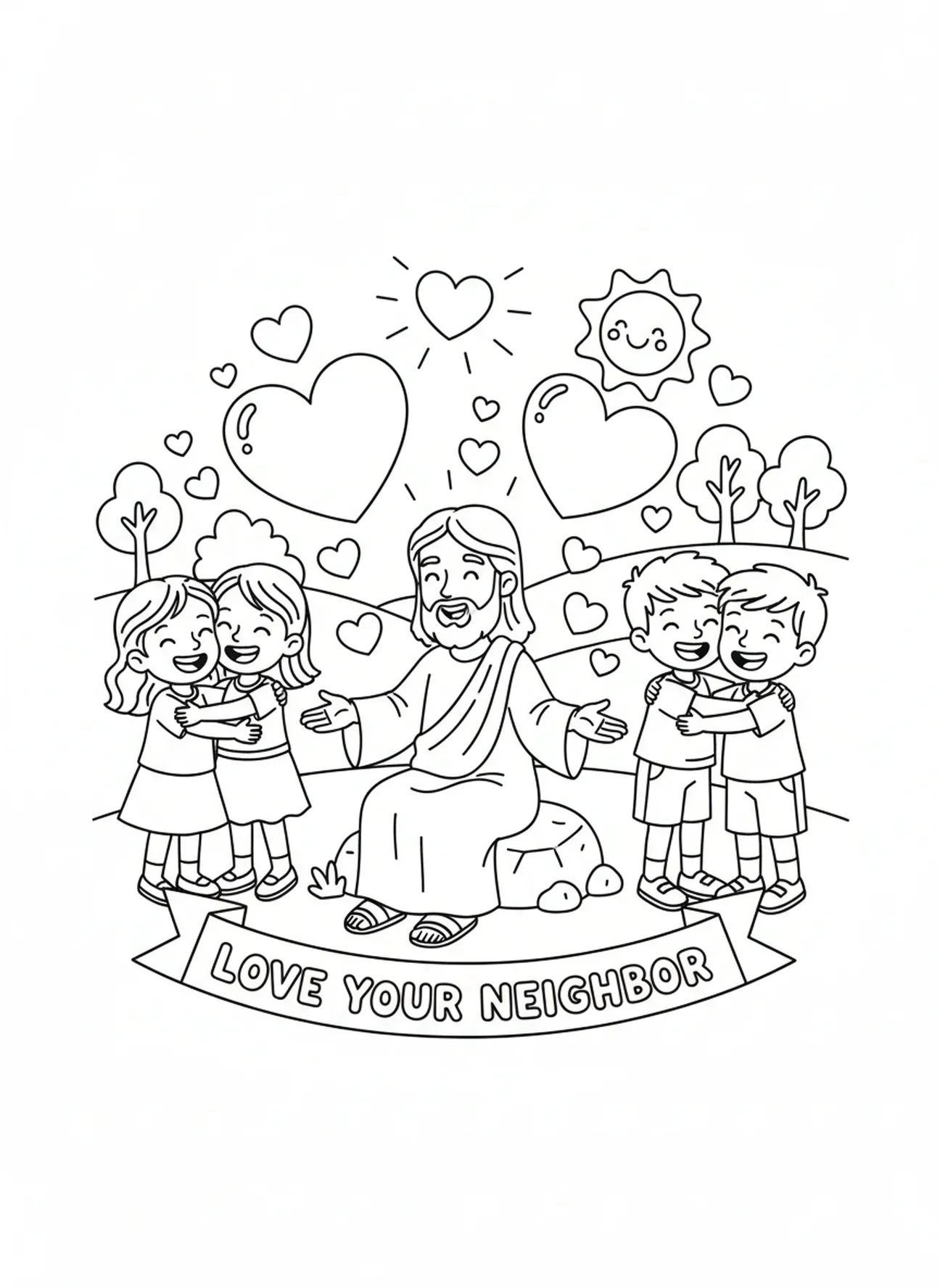 Jesus ensinando o amor ao próximo, página para colorir do Sermão da Montanha para crianças de 5 a 10 anos