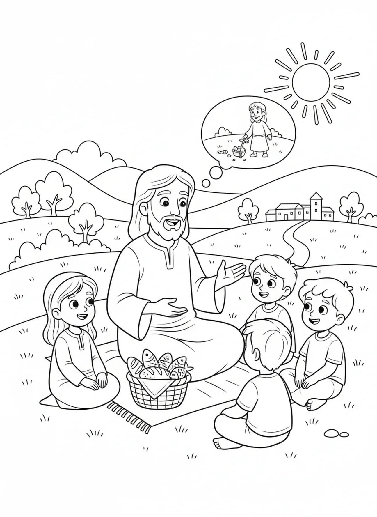 Jesus compartilhando parábolas, página para colorir do Sermão da Montanha para crianças de 5 a 10 anos