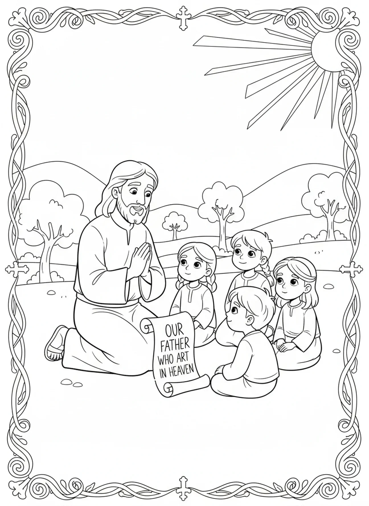 Jesus ensinando a Oração do Senhor, página para colorir do Sermão da Montanha para crianças de 5 a 10 anos