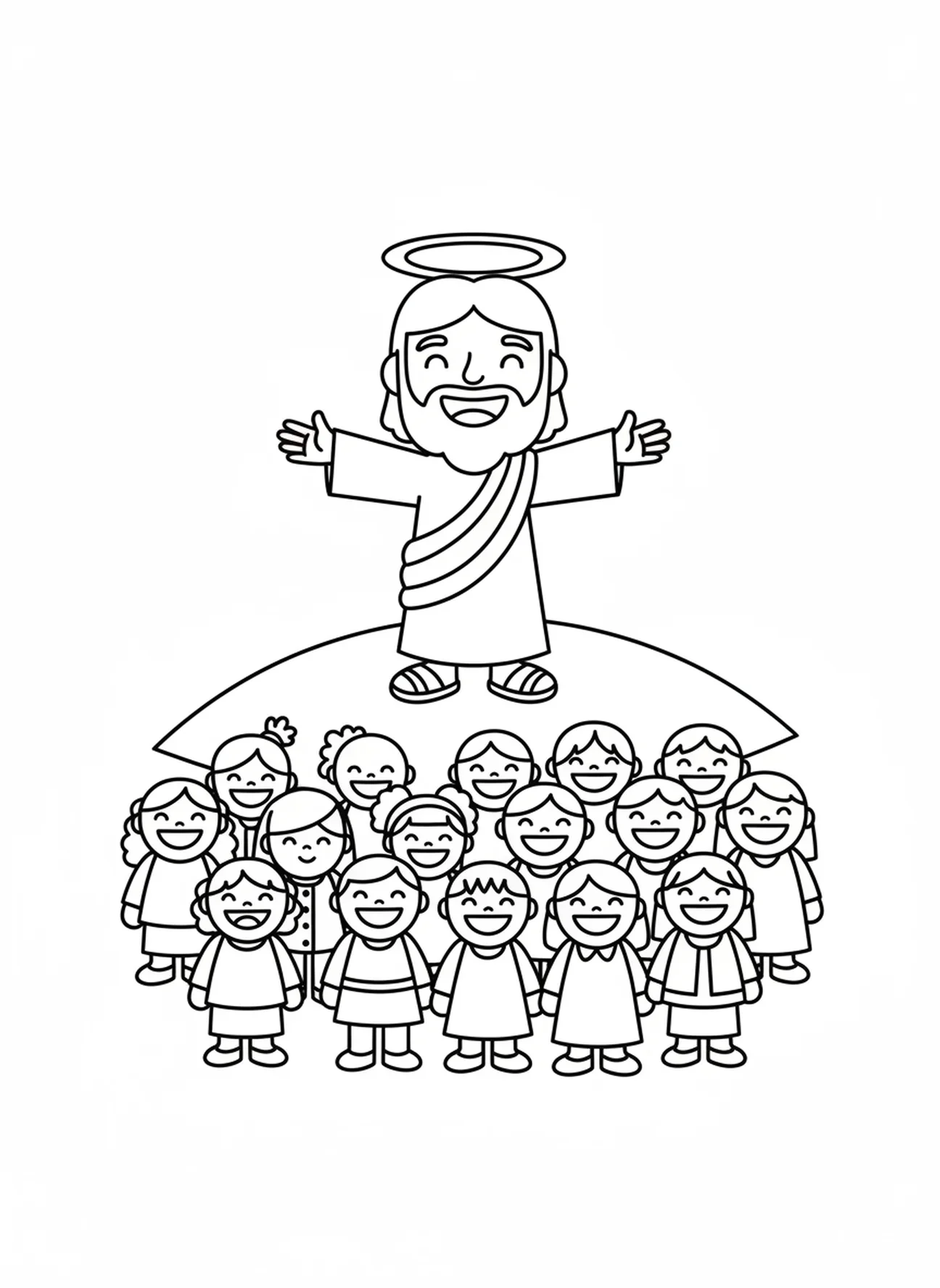Lächelnder Jesus, Ausmalbild zur Bergpredigt für Vorschulkinder im Alter von 3-5 Jahren.