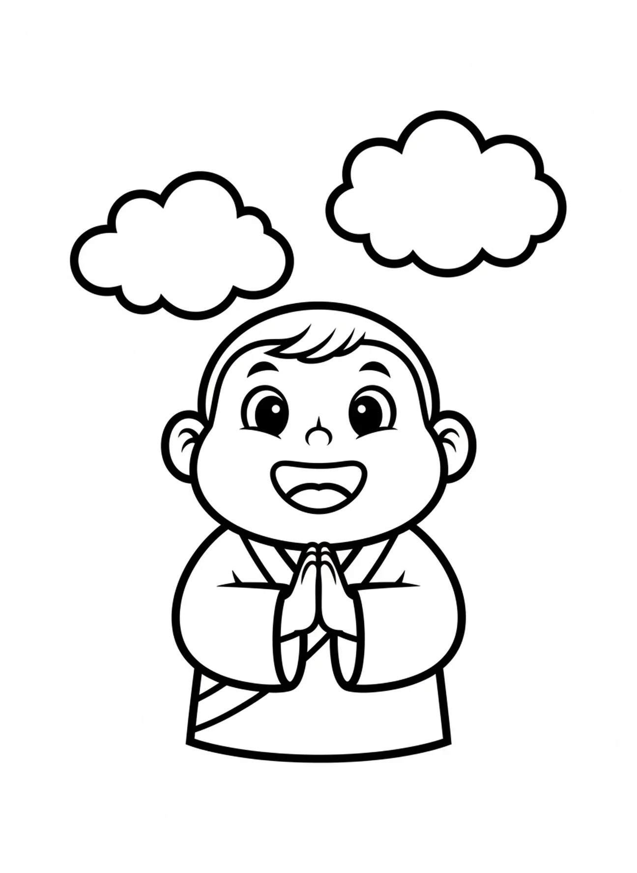 Lächelndes Kind im Gebet, Ausmalbild zur Bergpredigt für Vorschulkinder im Alter von 3-5 Jahren.