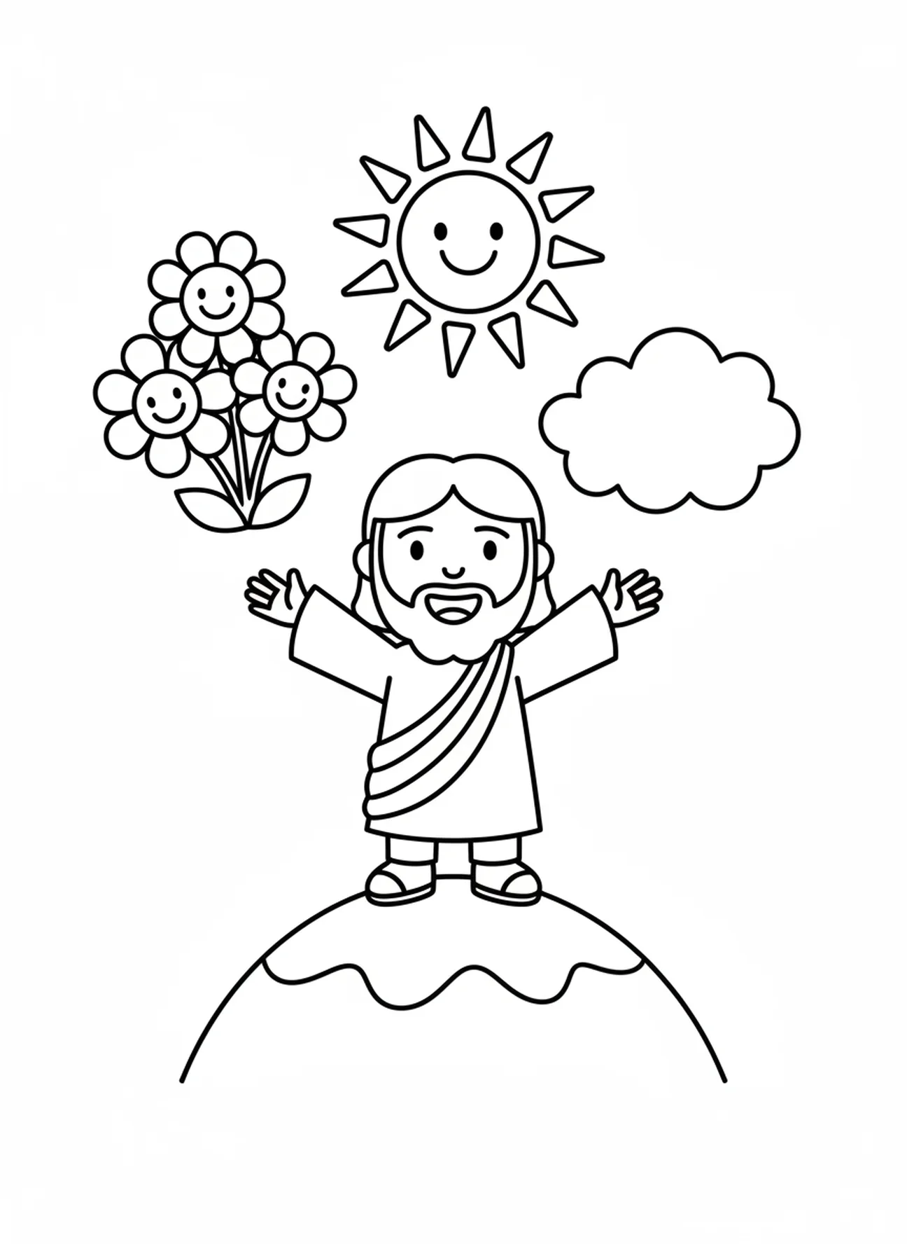 Fröhlicher Jesus auf dem Berg, Ausmalbild zur Bergpredigt für Vorschulkinder im Alter von 3-5 Jahren.