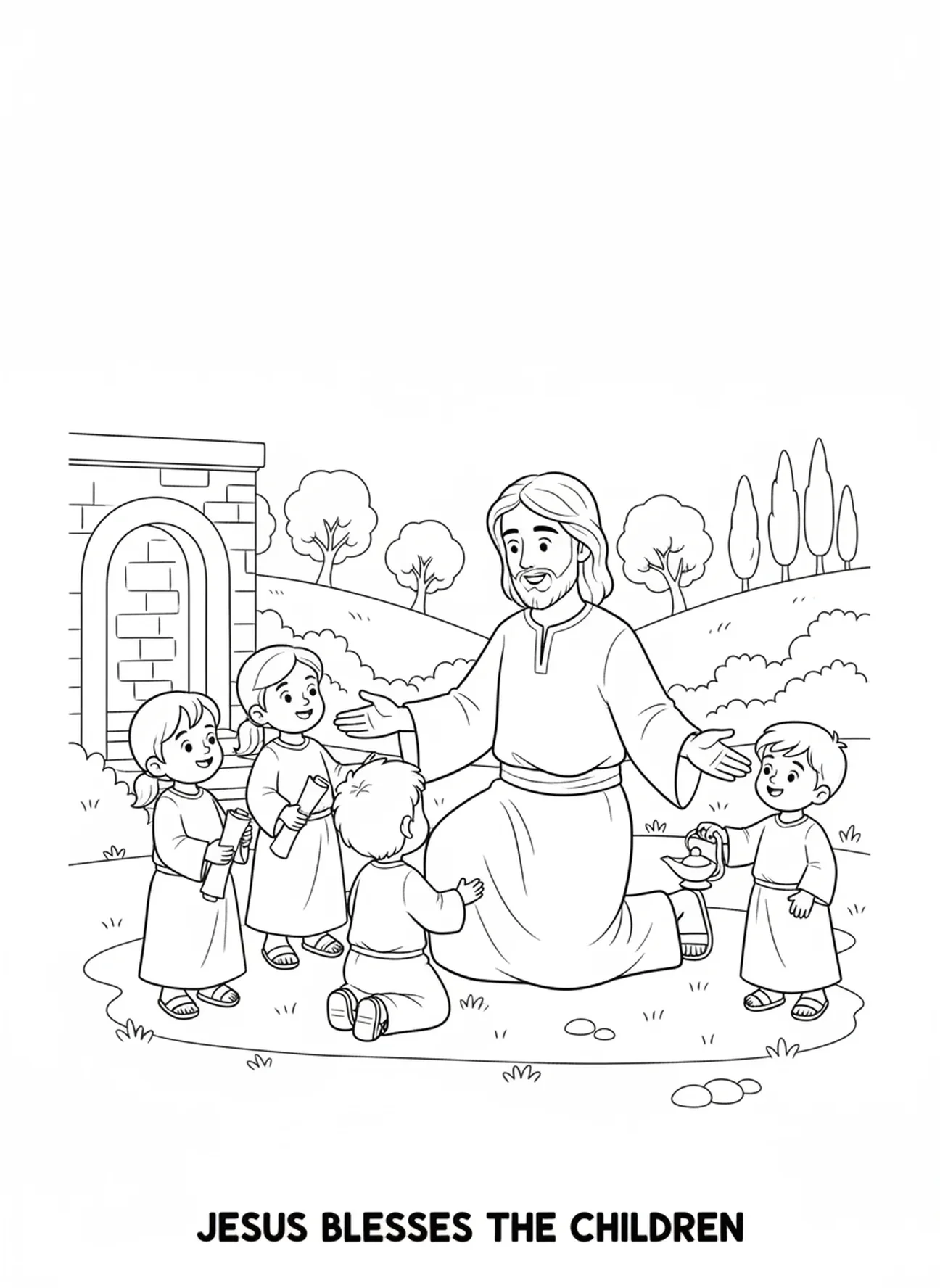 Jesus segnet Kinder, Ausmalbild zur Bergpredigt für Sonntagsschulkinder im Alter von 5-12 Jahren