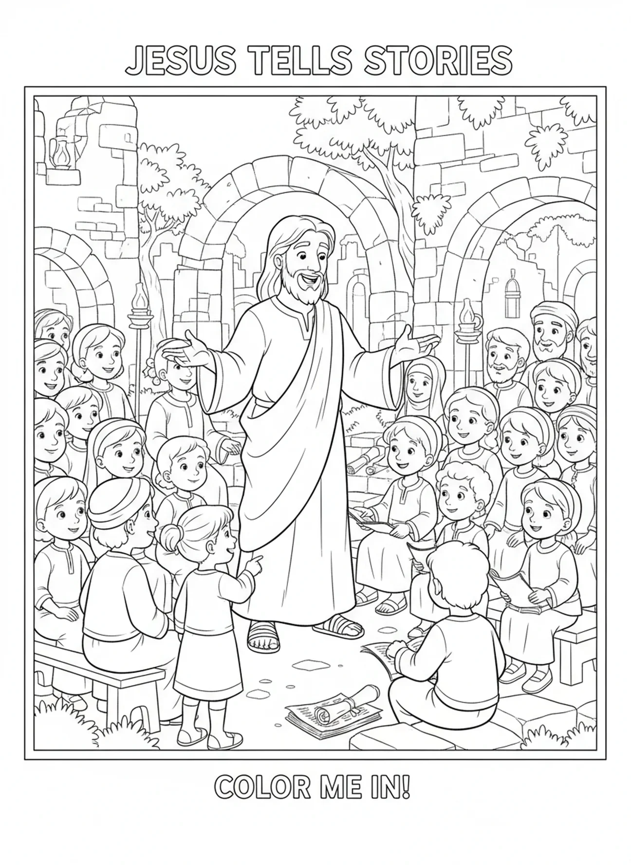 Jesus erzählt durch Gleichnisse, Ausmalbild für die Sonntagsschule für Kinder im Alter von 5-12 Jahren