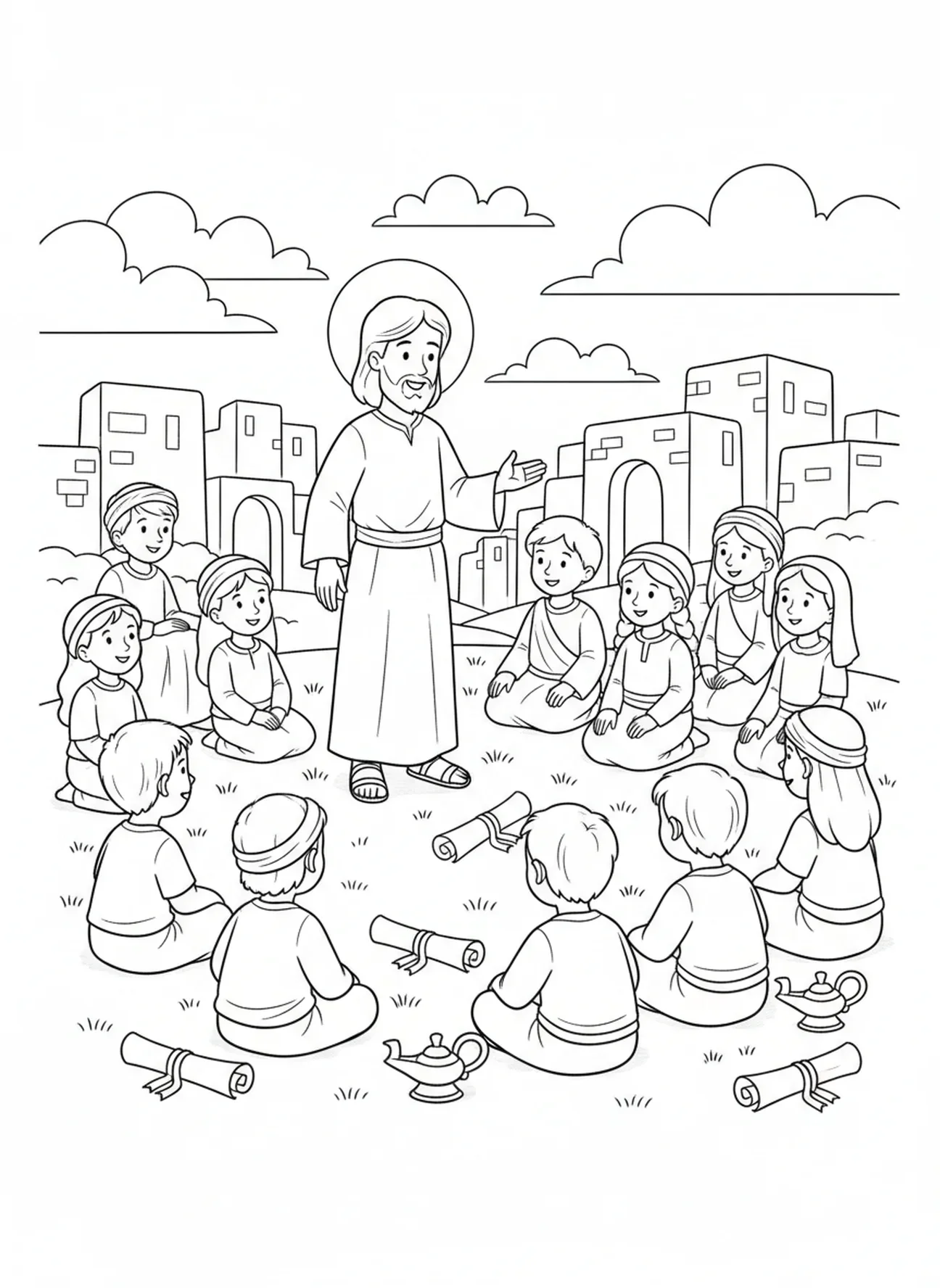 Jesus lehrt die Menge, Ausmalbild zur Bergpredigt für Sonntagsschulkinder im Alter von 5-12 Jahren