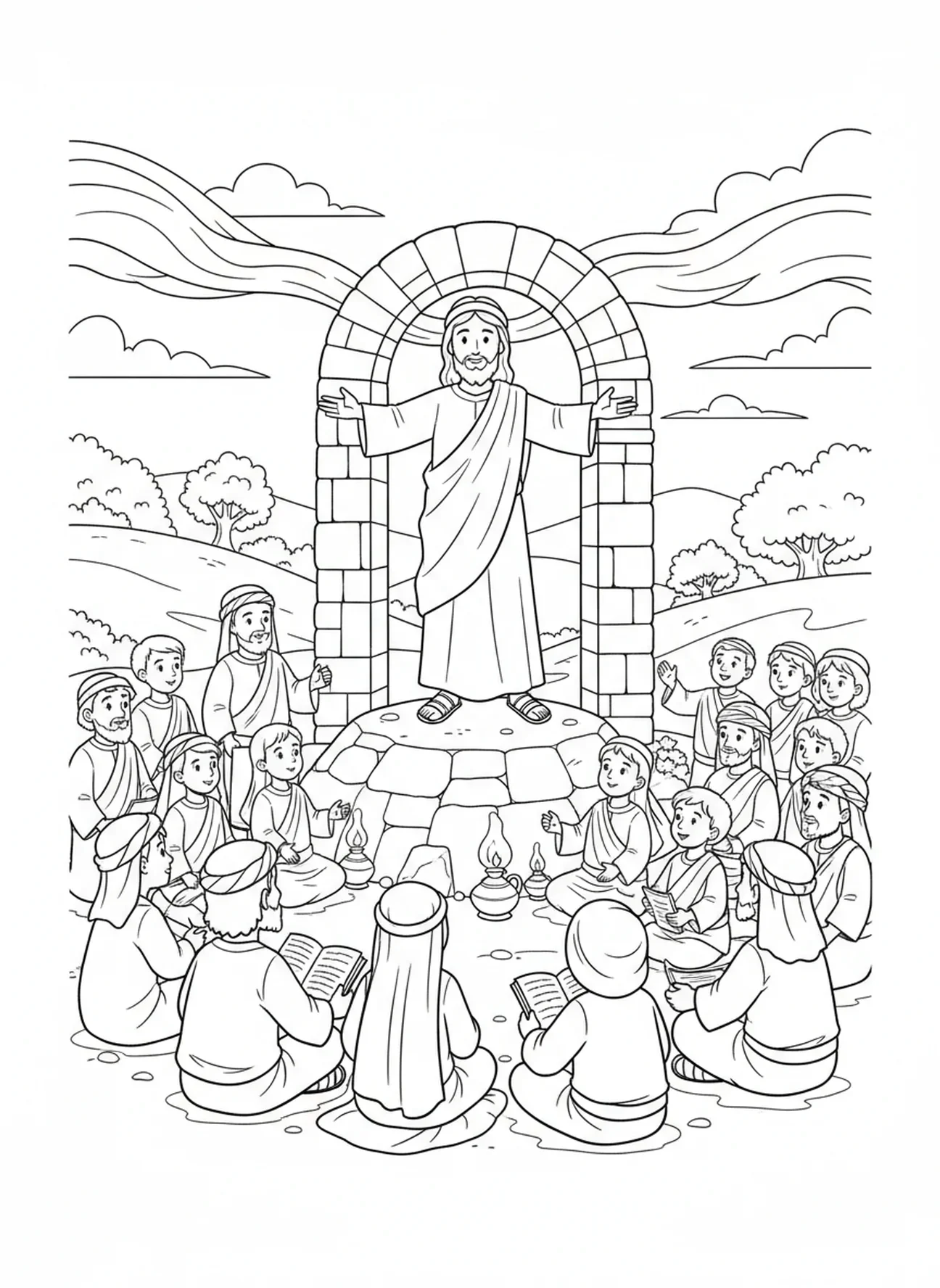 Lehren auf dem Berg, Ausmalbild der Bergpredigt für Sonntagsschulkinder im Alter von 5-12 Jahren