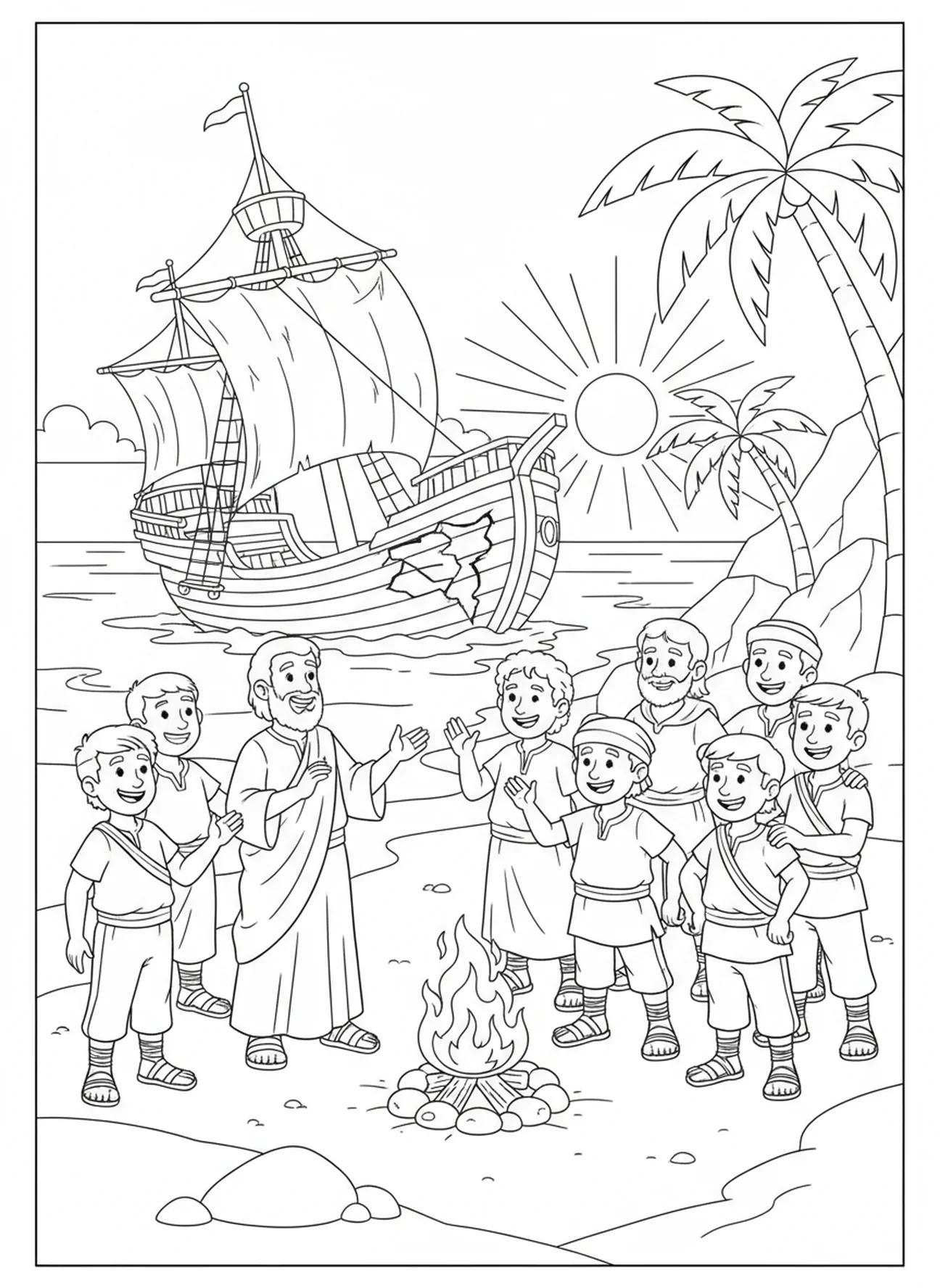 Paulus en de zeelieden veilig op het eiland, kleurplaat van de schipbreuk van Paulus voor kinderen van 5-10 jaar.