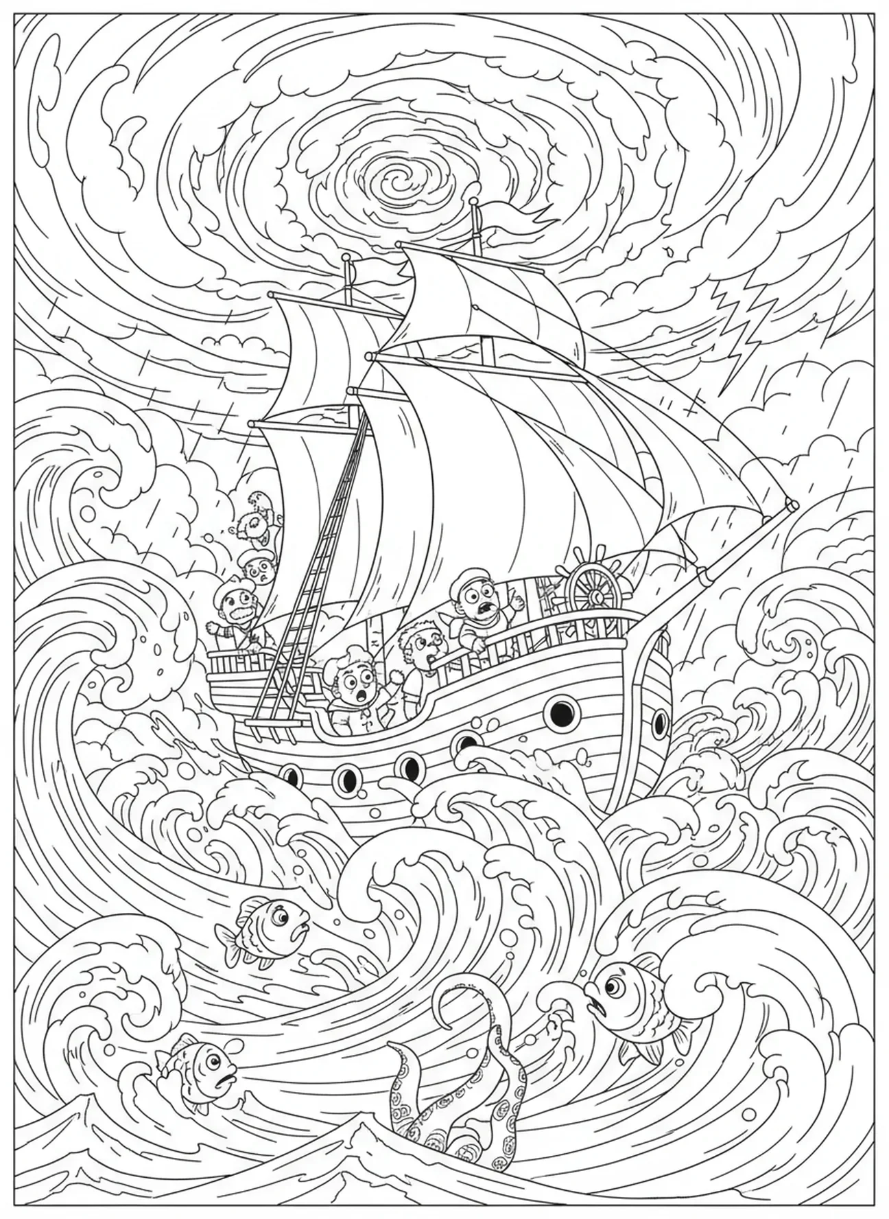 Tossende schip in stormachtige zeeën, Kleurenpagina van de schipbreuk van Paulus voor kinderen van 5-10 jaar.