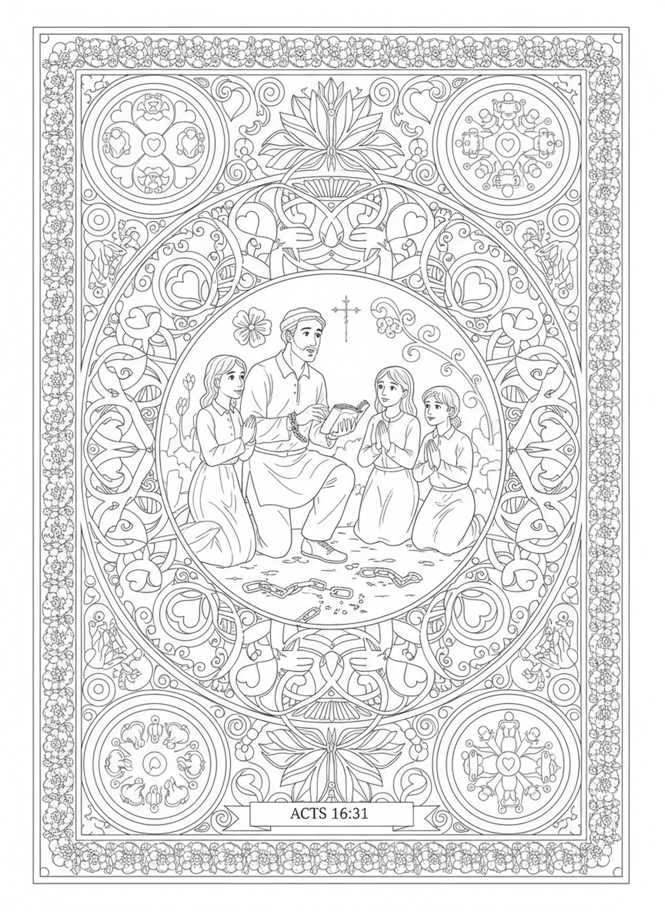 Silas und Gläubige versammeln sich, Silas Ausmalbild für Erwachsene im Stil des Bibel-Journalings.