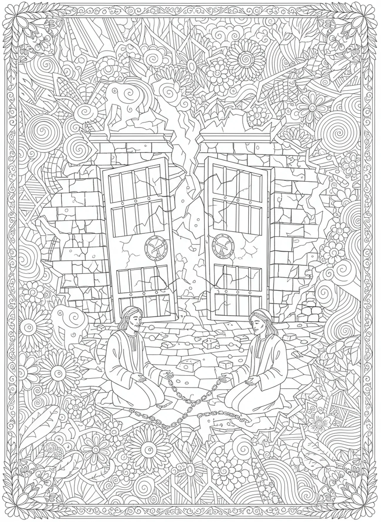 Gefängnistüren durch ein Erdbeben aufgerissen, Silas Ausmalbild für Erwachsene im Stil des Bibel-Journaling.