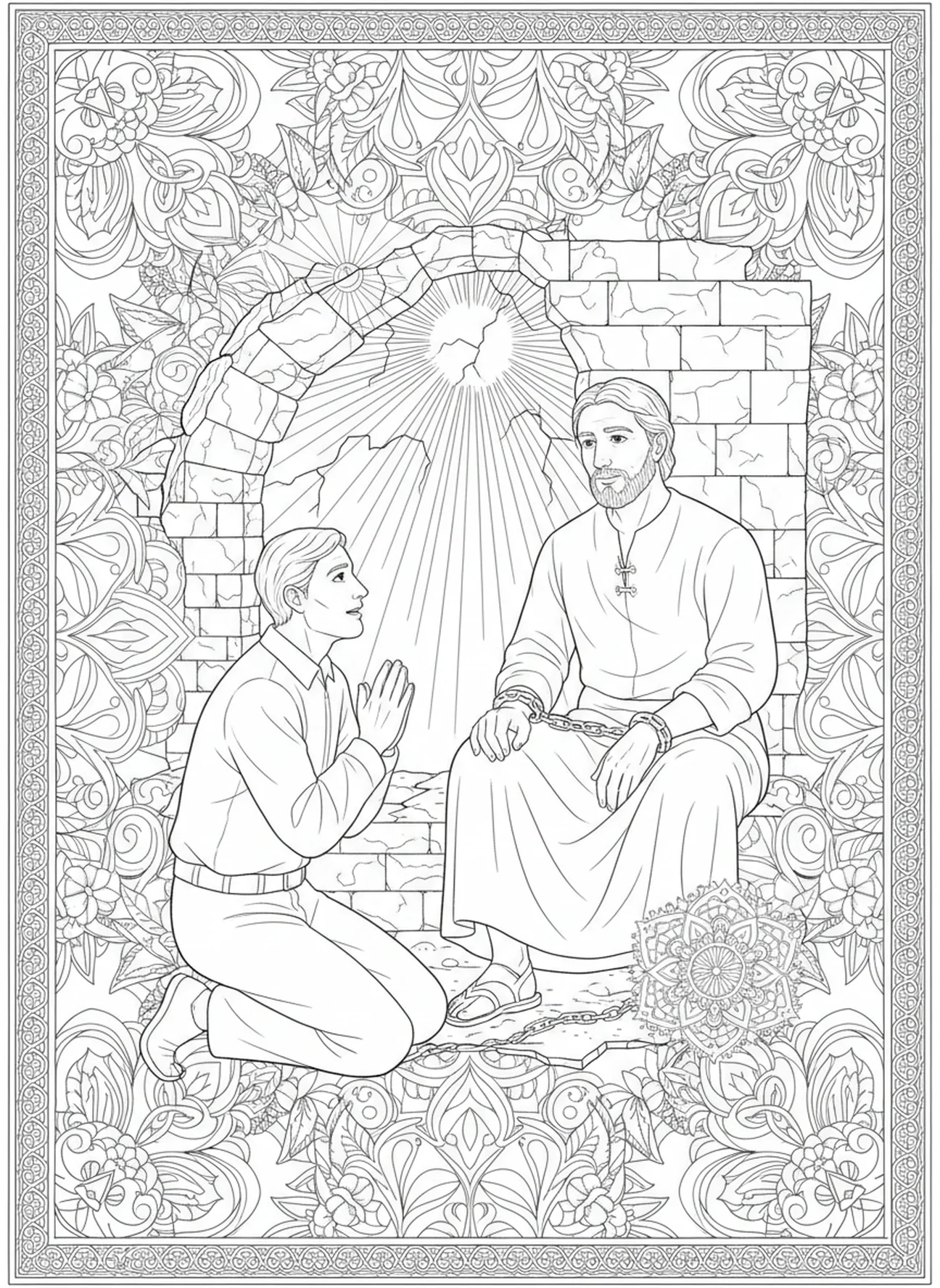 Der Gefängniswärter kniet ehrfürchtig vor Silas, Silas Ausmalbild für Erwachsene im Stil des Bibeljournaling.