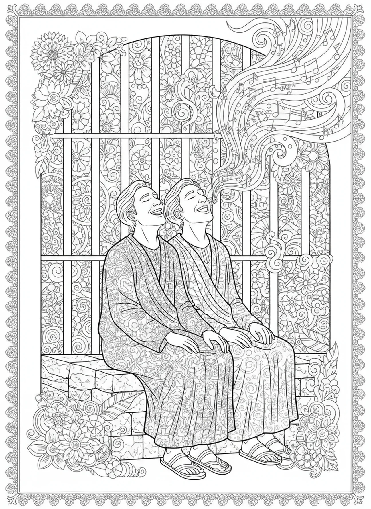 Silas und Paulus singen Hymnen, Silas Ausmalbild für Erwachsene im Bibel-Journaling-Stil.