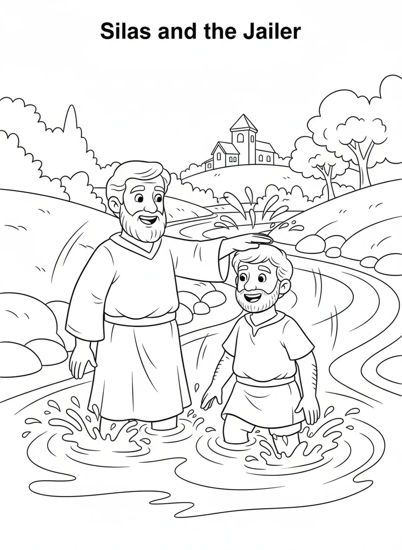 Silas bautizando al carcelero, página para colorear de Silas para niños de 5 a 10 años.