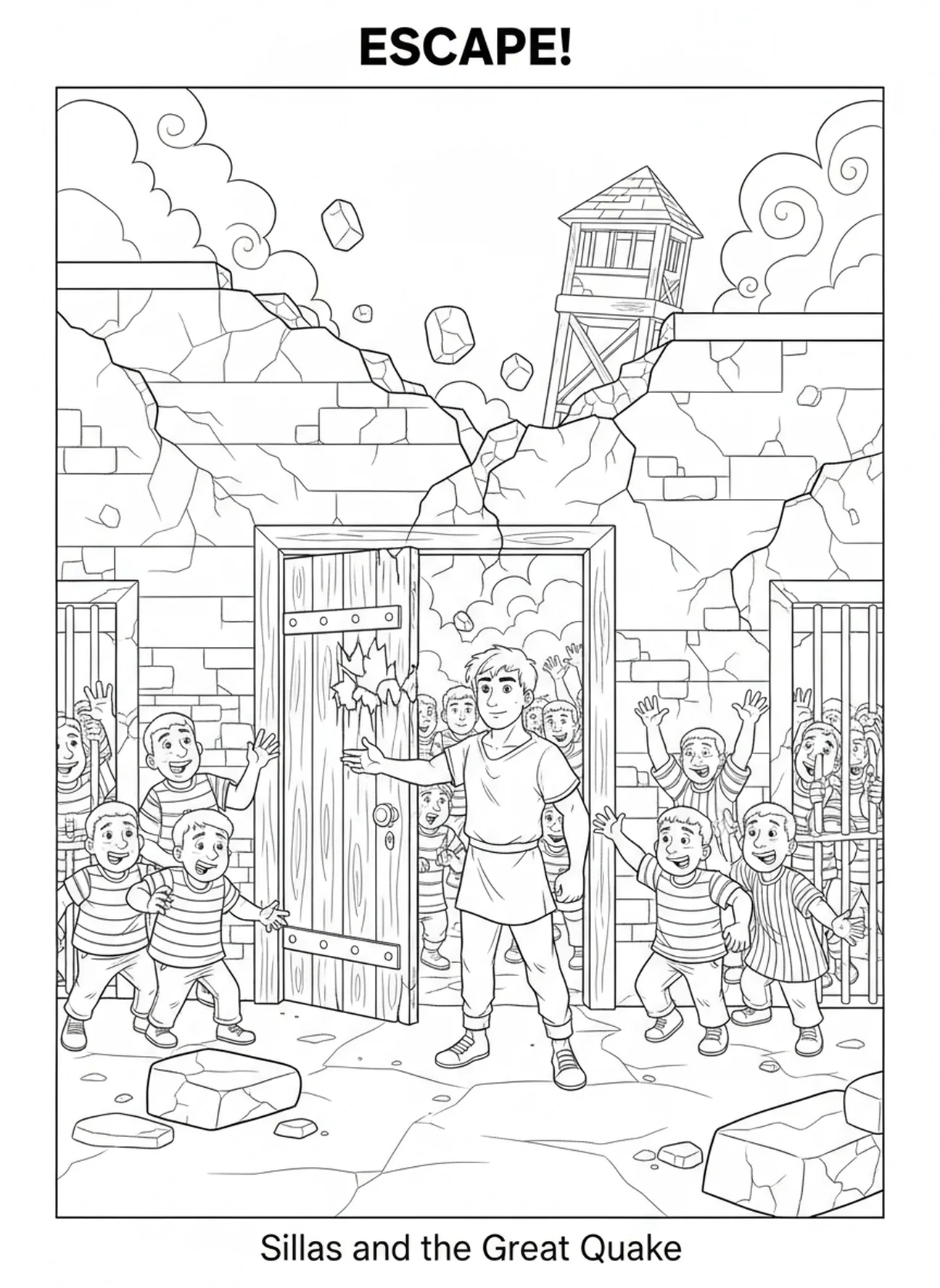 Escena de terremoto, página para colorear de Silas para niños de 5 a 10 años.