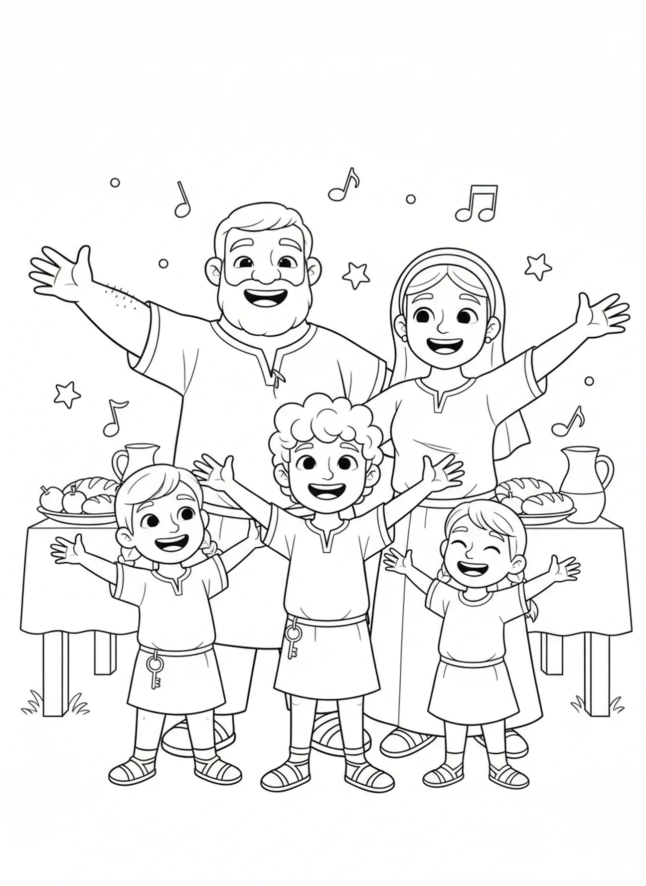 Silas con la familia del carcelero, página para colorear de Silas para niños de 5 a 10 años.
