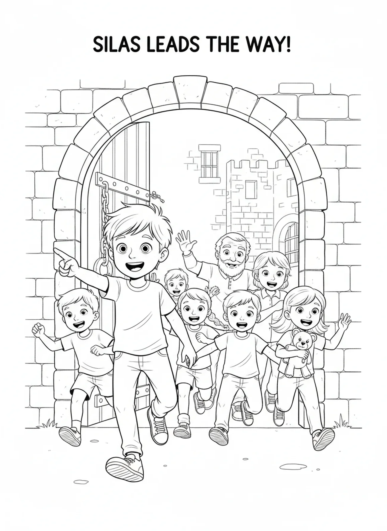 Silas con prisioneros, página para colorear de Silas para niños de 5 a 10 años.
