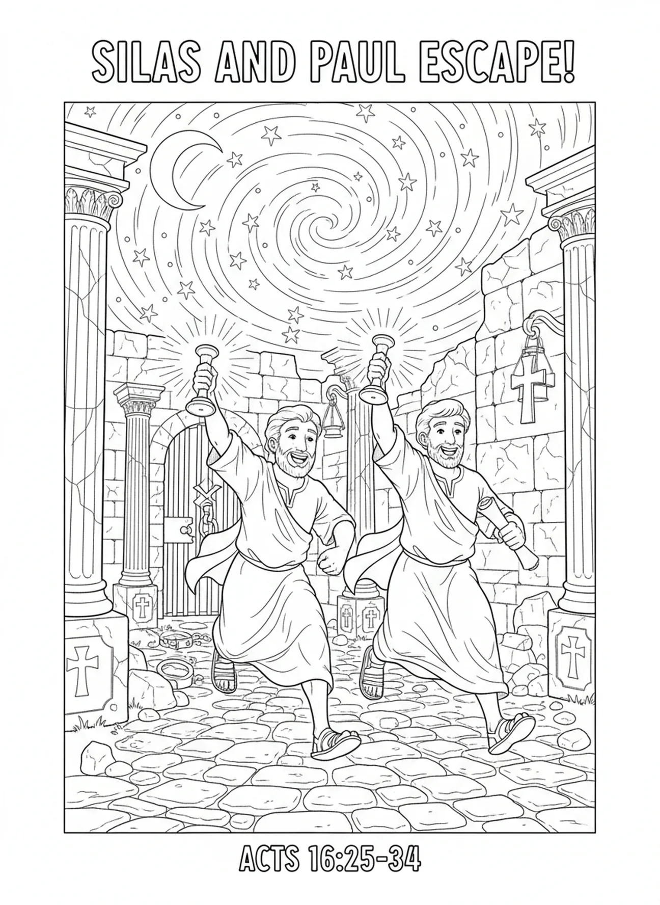 Silas und Paulus entkommen aus dem Gefängnis, Ausmalbild für die Sonntagsschule für Kinder im Alter von 5-12 Jahren.
