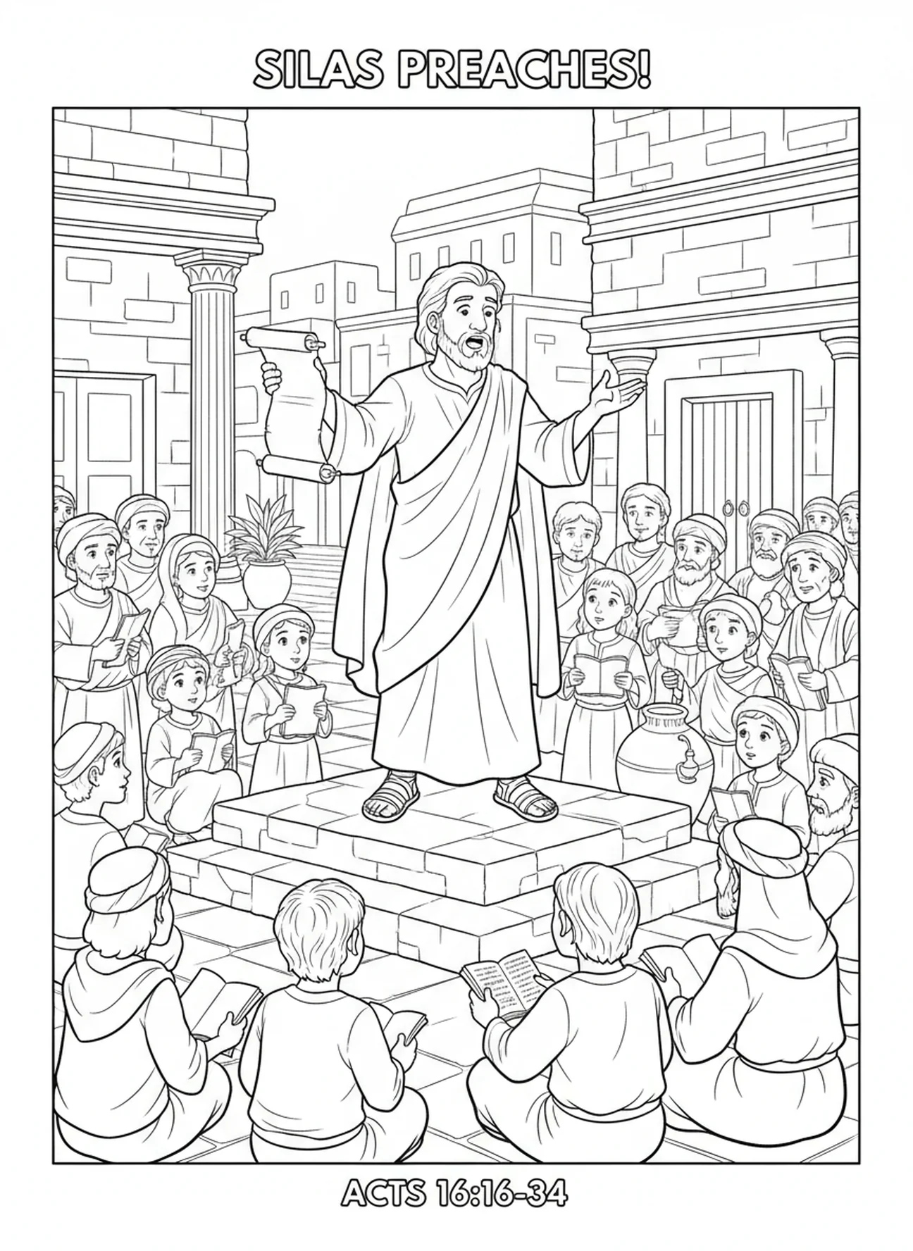 Silas predigt zu einer Menschenmenge, Ausmalbild von Silas für Sonntagsschulkinder im Alter von 5-12 Jahren.