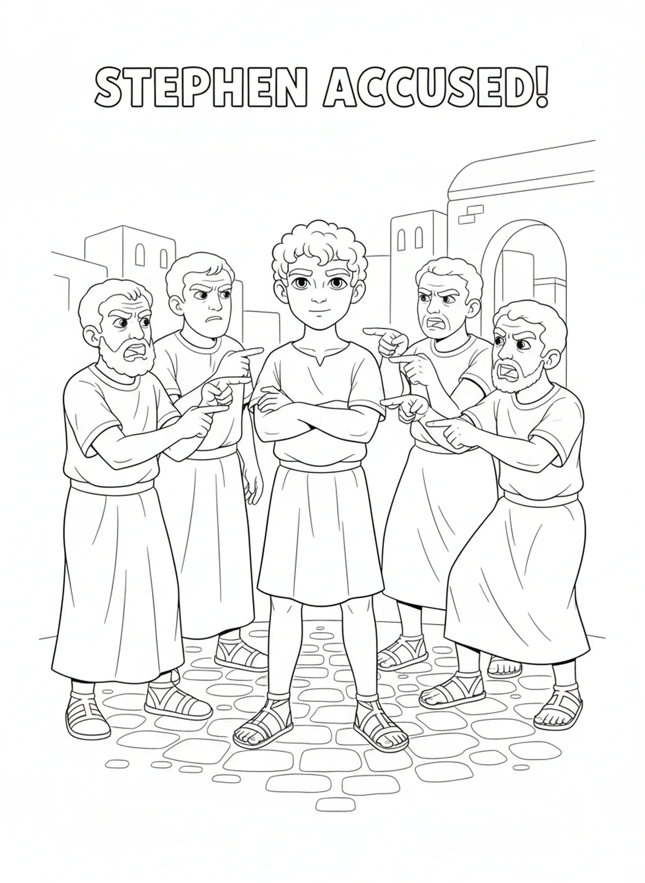 Hommes en colère accusant Étienne, page à colorier Étienne Martyr pour enfants de 5 à 10 ans