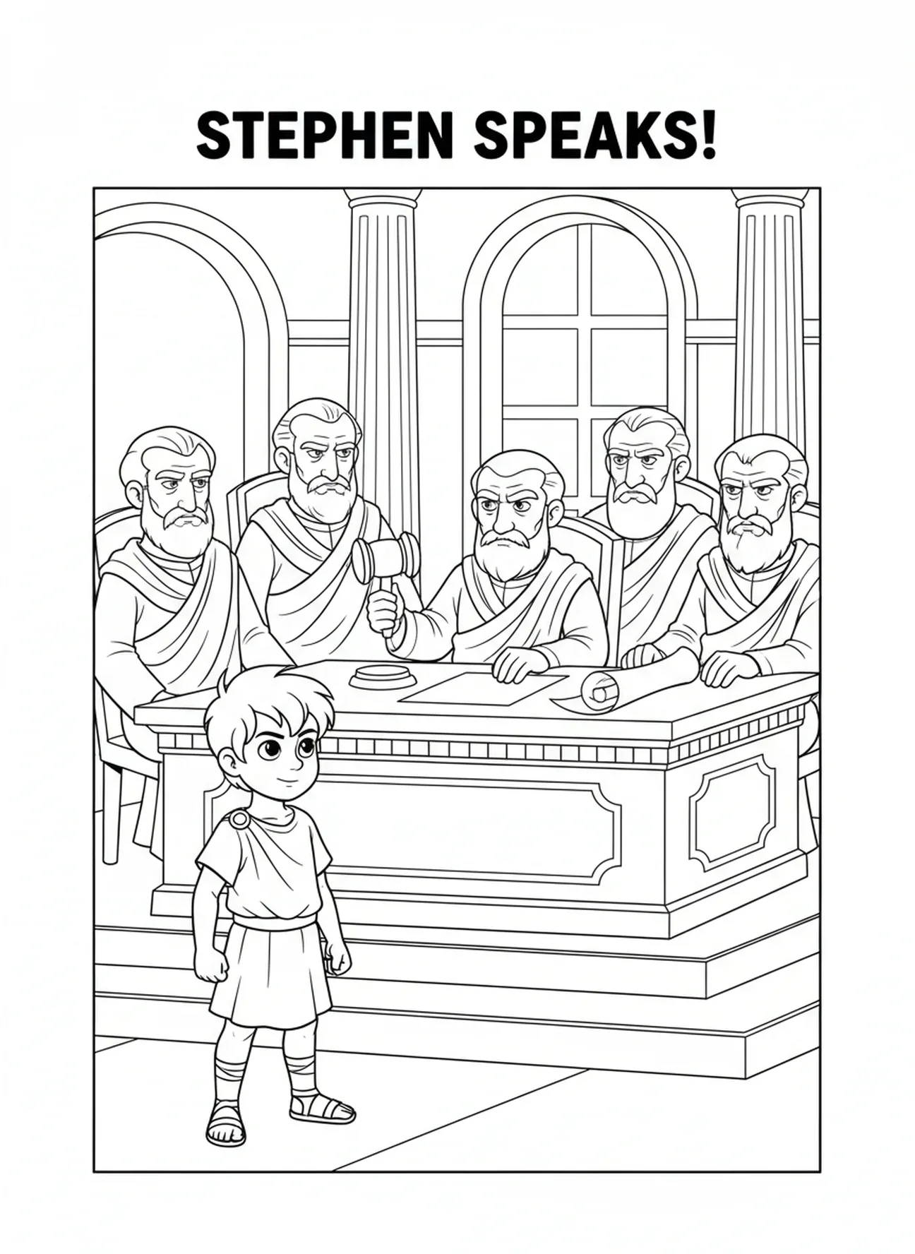 Sénateurs écoutant Étienne, page à colorier Étienne Martyr pour les enfants de 5 à 10 ans