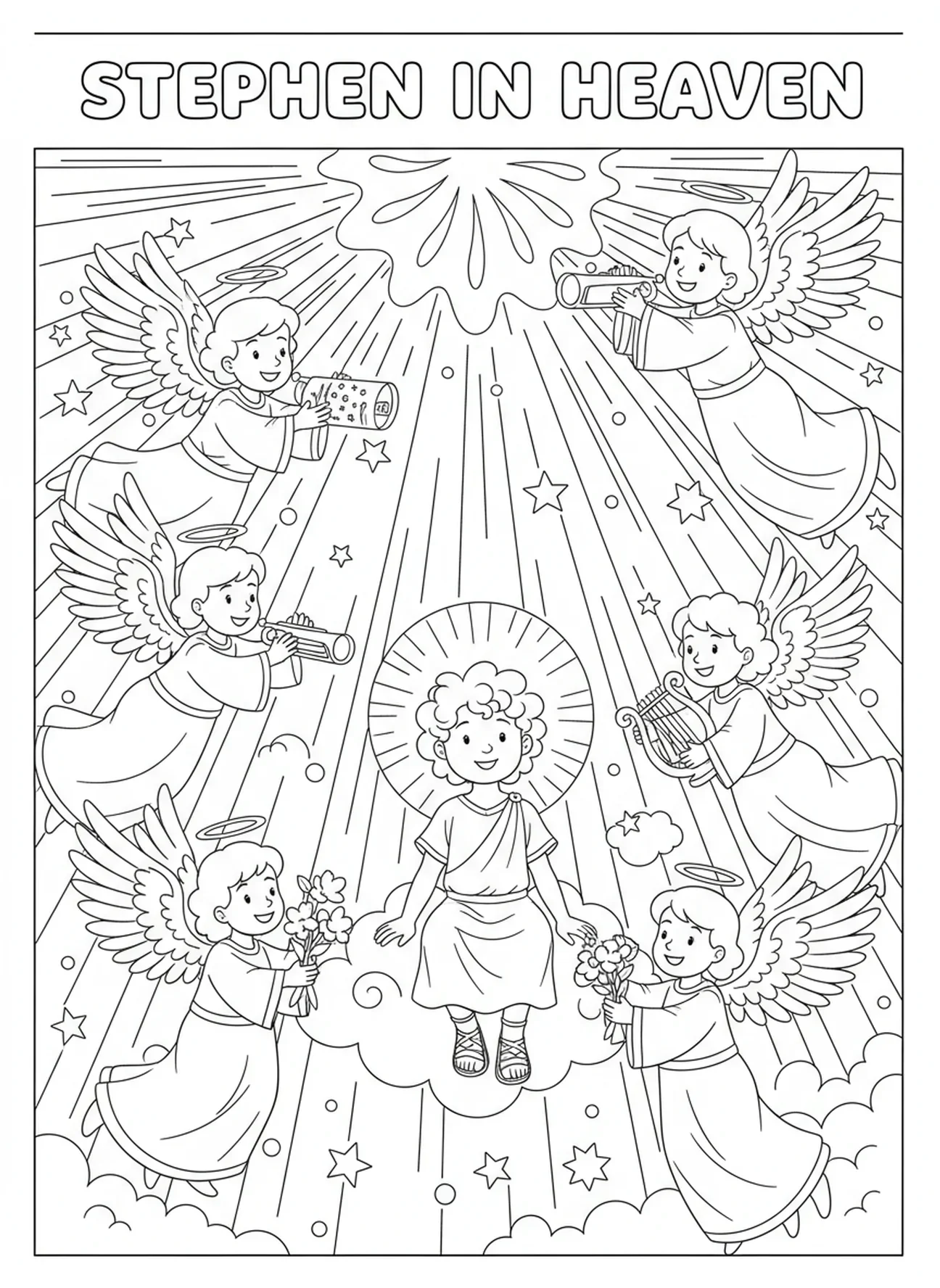 Anges entourant Étienne au ciel, page à colorier Étienne Martyr pour les enfants de 5 à 10 ans